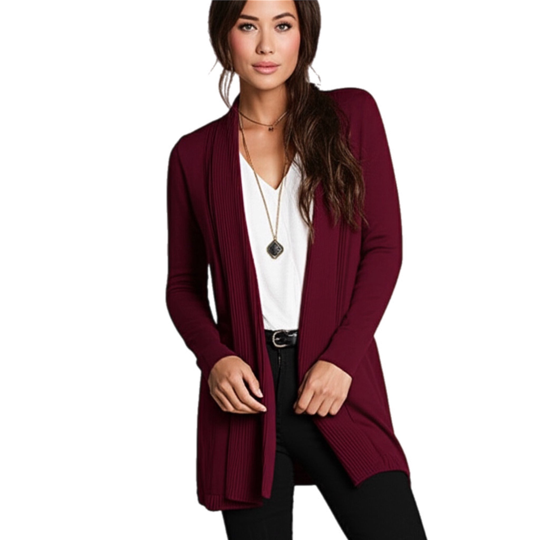 Evolution by Cyrus Eyelet Back Duster Cardigan Sweater in Burgundy