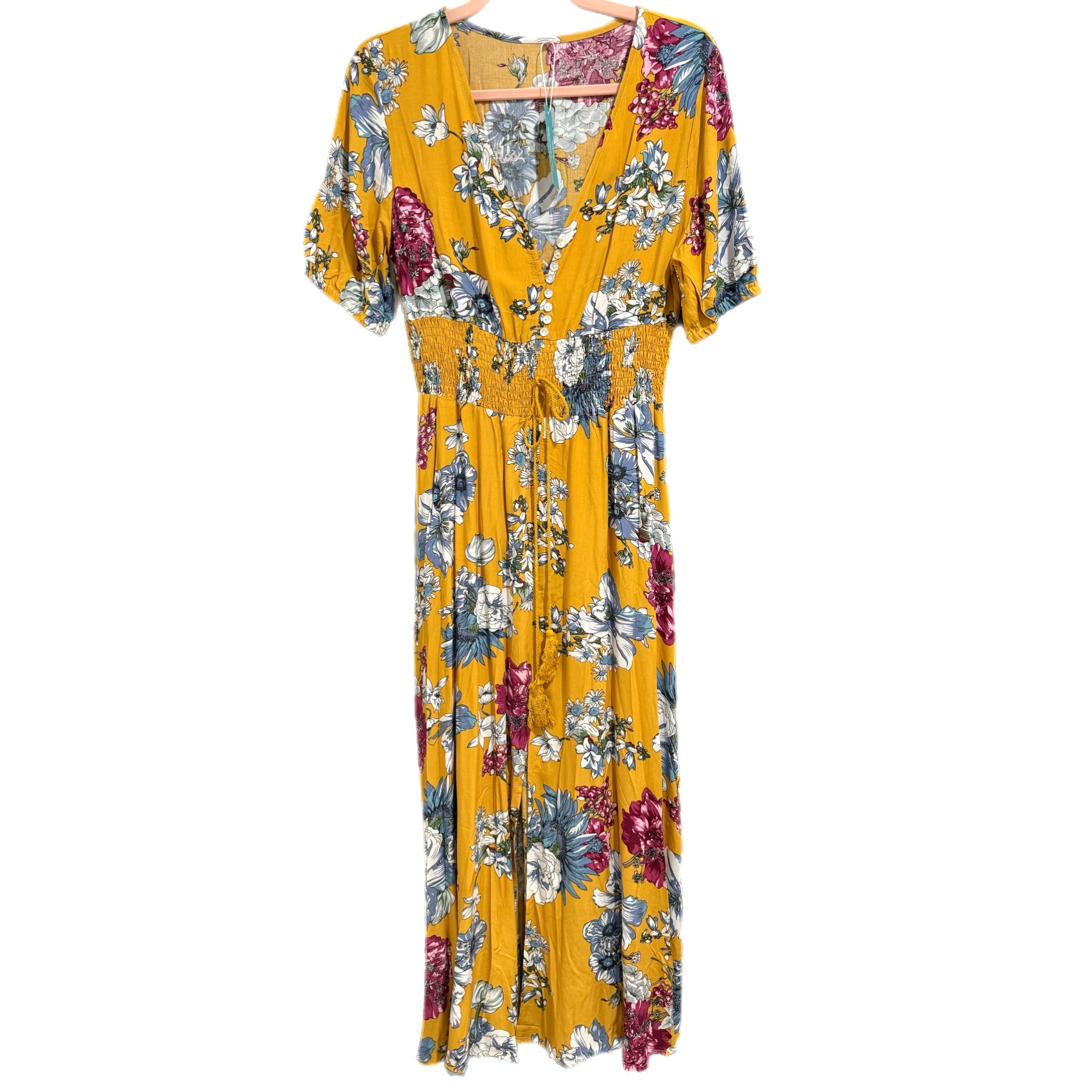 Boho Summer V Neck Floral Short Sleeve Long Maxi Dress in Summer Yellow