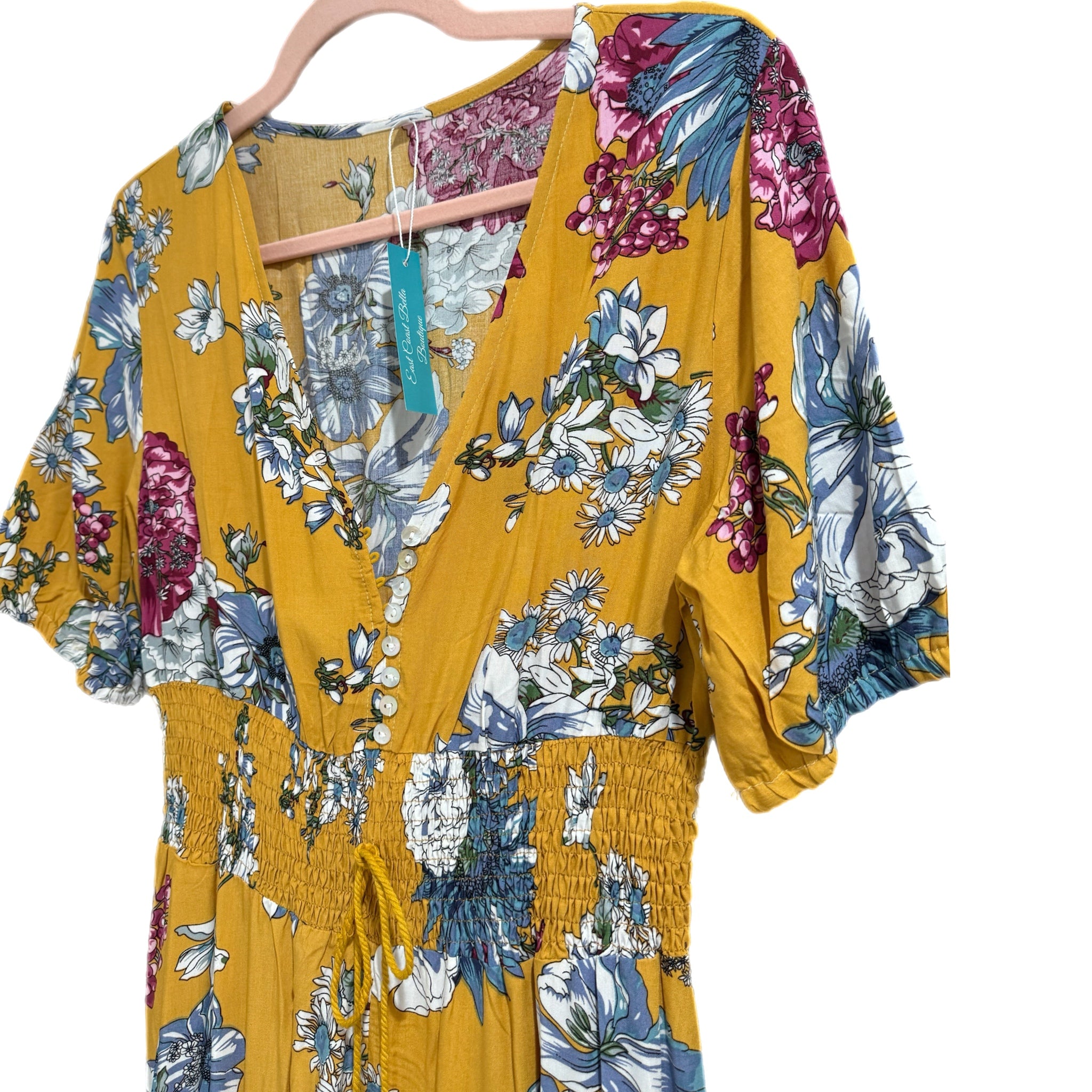 Boho Summer V Neck Floral Short Sleeve Long Maxi Dress in Summer Yellow