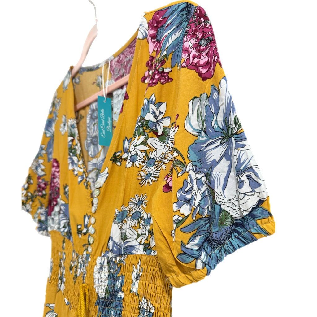 Boho Summer V Neck Floral Short Sleeve Long Maxi Dress in Summer Yellow