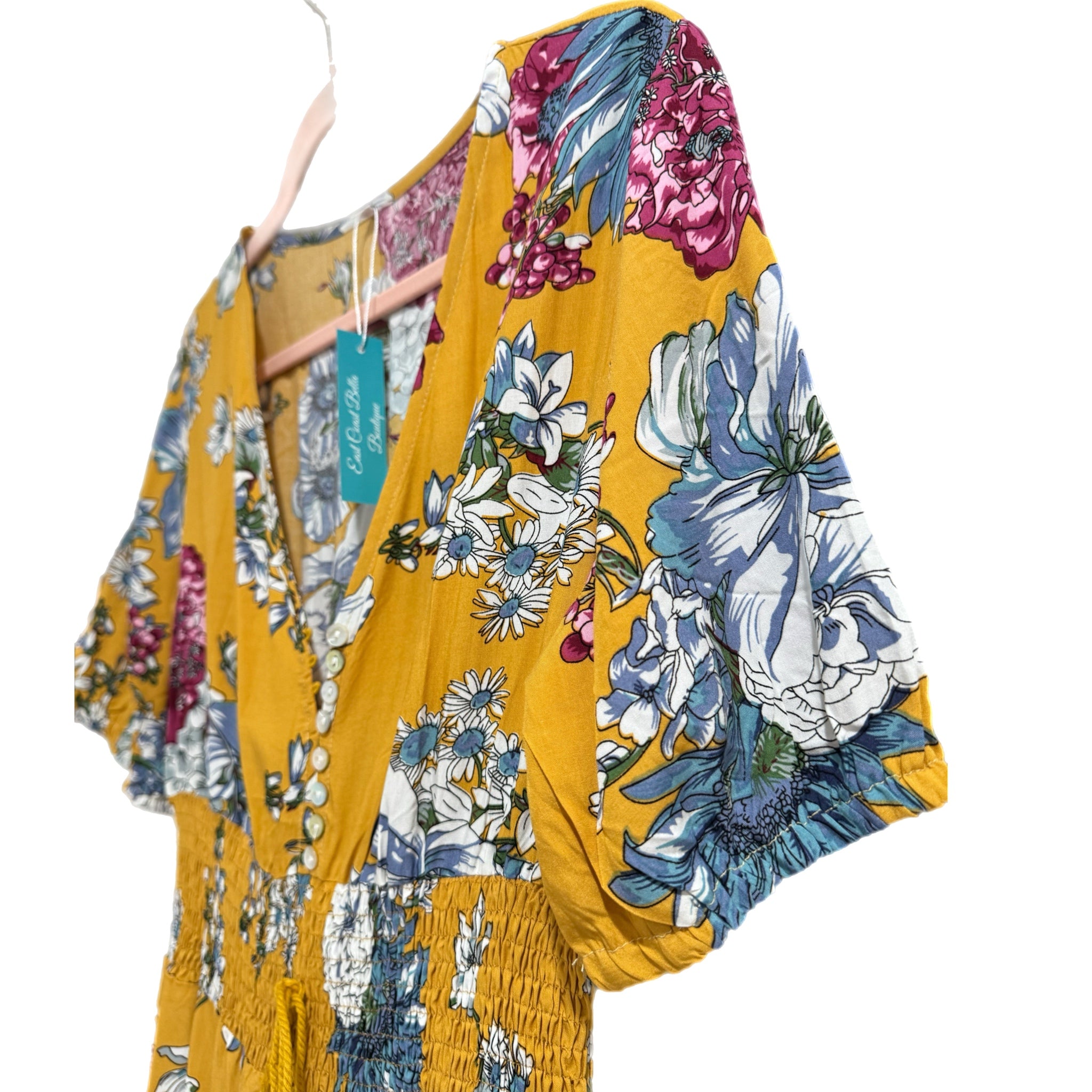 Boho Summer V Neck Floral Short Sleeve Long Maxi Dress in Summer Yellow
