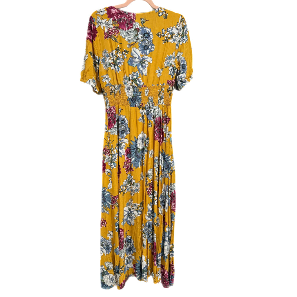 Boho Summer V Neck Floral Short Sleeve Long Maxi Dress in Summer Yellow
