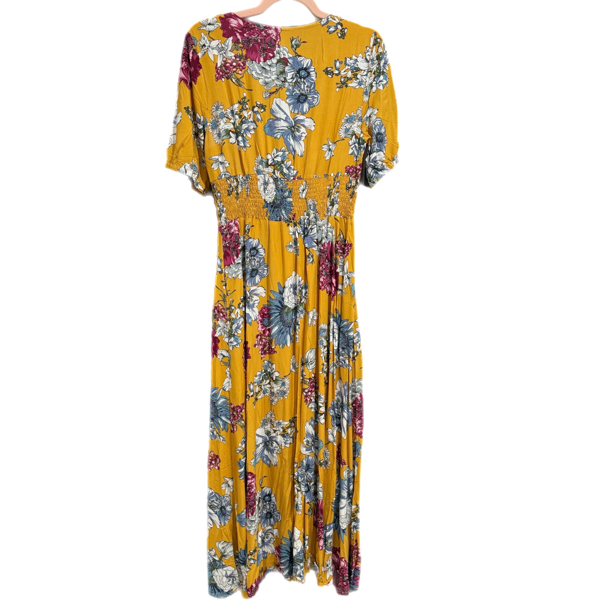 Boho Summer V Neck Floral Short Sleeve Long Maxi Dress in Summer Yellow