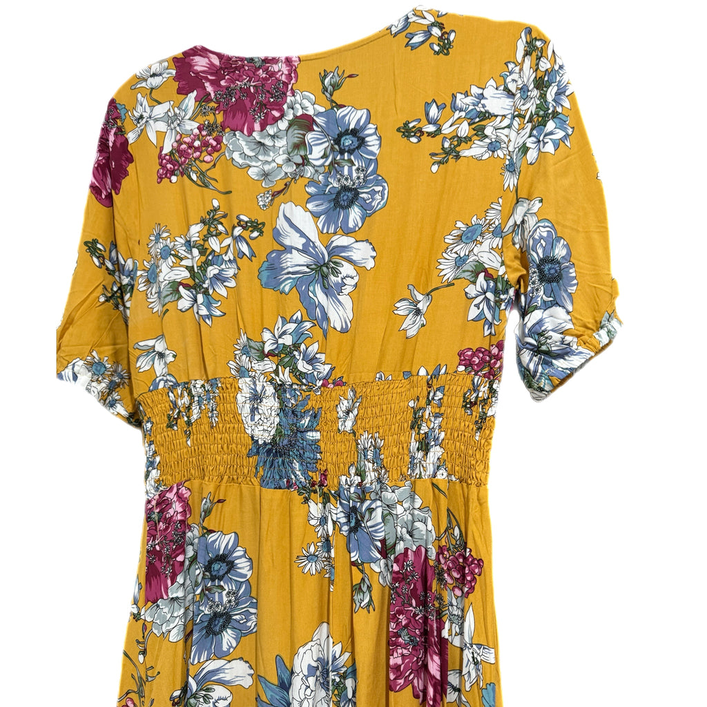 Boho Summer V Neck Floral Short Sleeve Long Maxi Dress in Summer Yellow