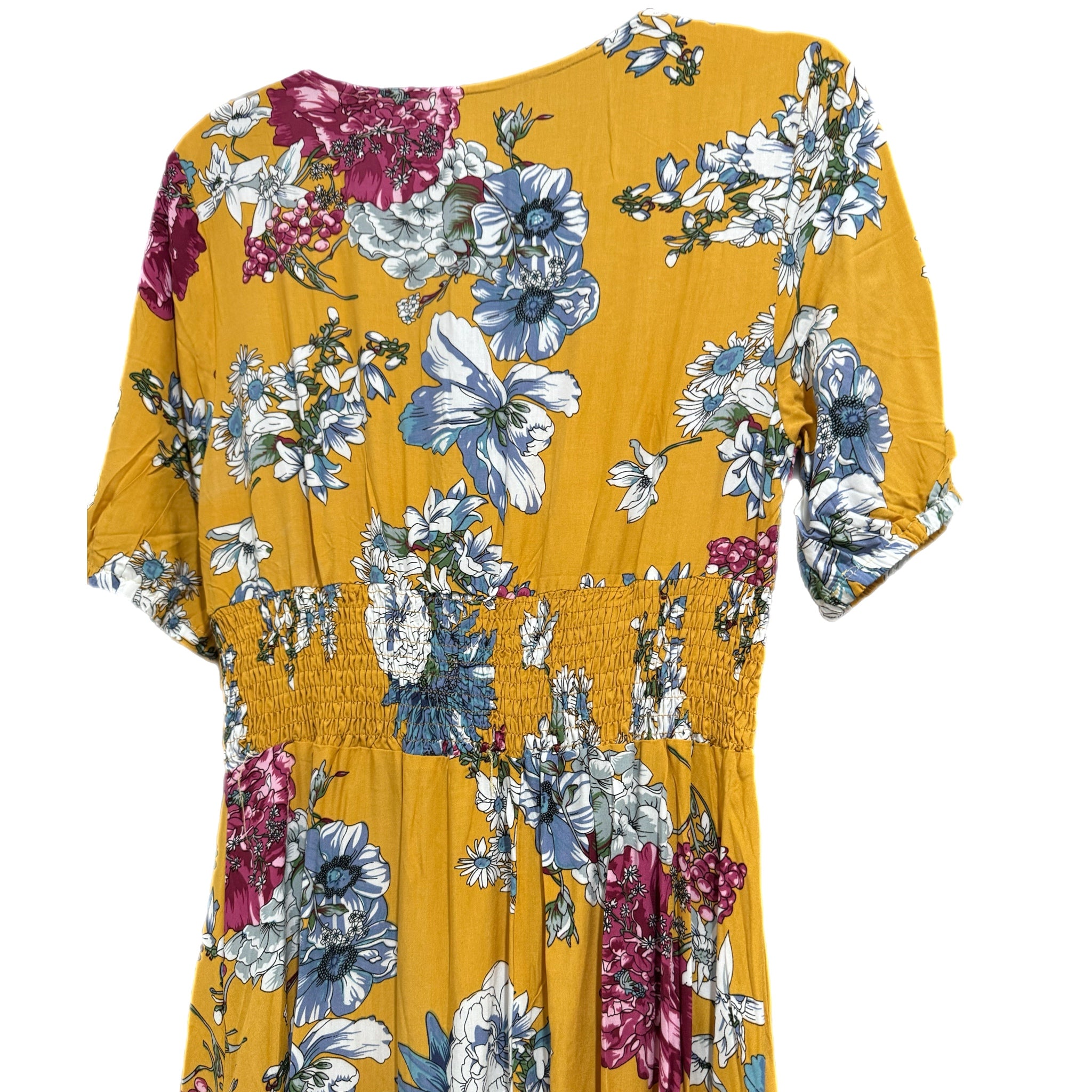 Boho Summer V Neck Floral Short Sleeve Long Maxi Dress in Summer Yellow