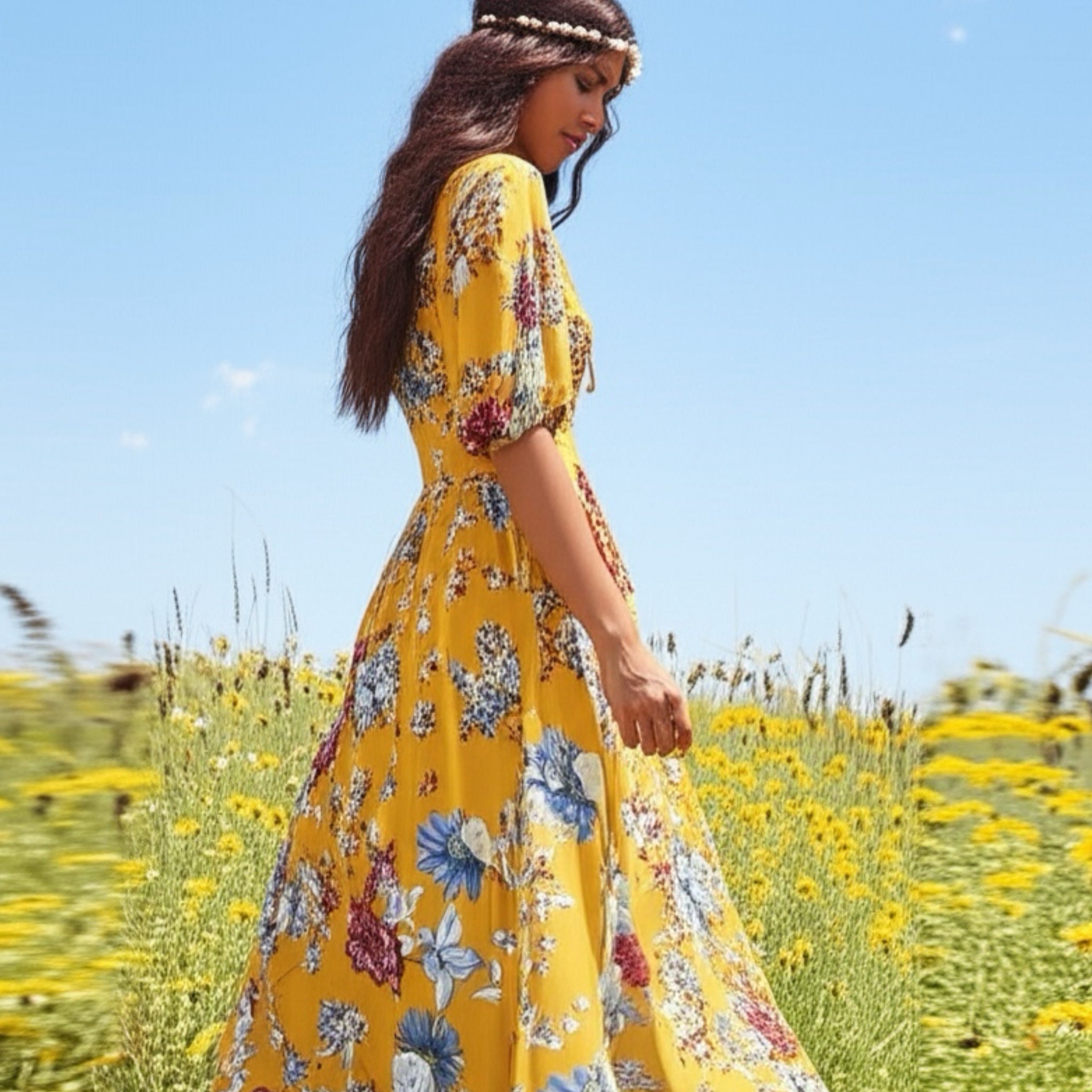 Boho Summer V Neck Floral Short Sleeve Long Maxi Dress in Summer Yellow