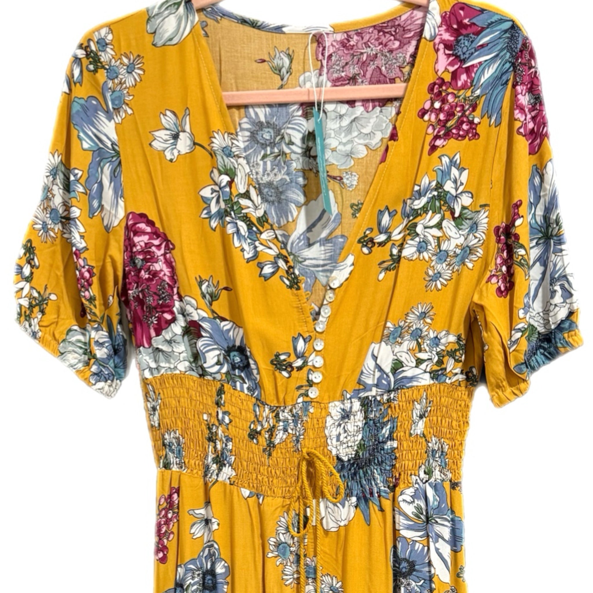 Boho Summer V Neck Floral Short Sleeve Long Maxi Dress in Summer Yellow