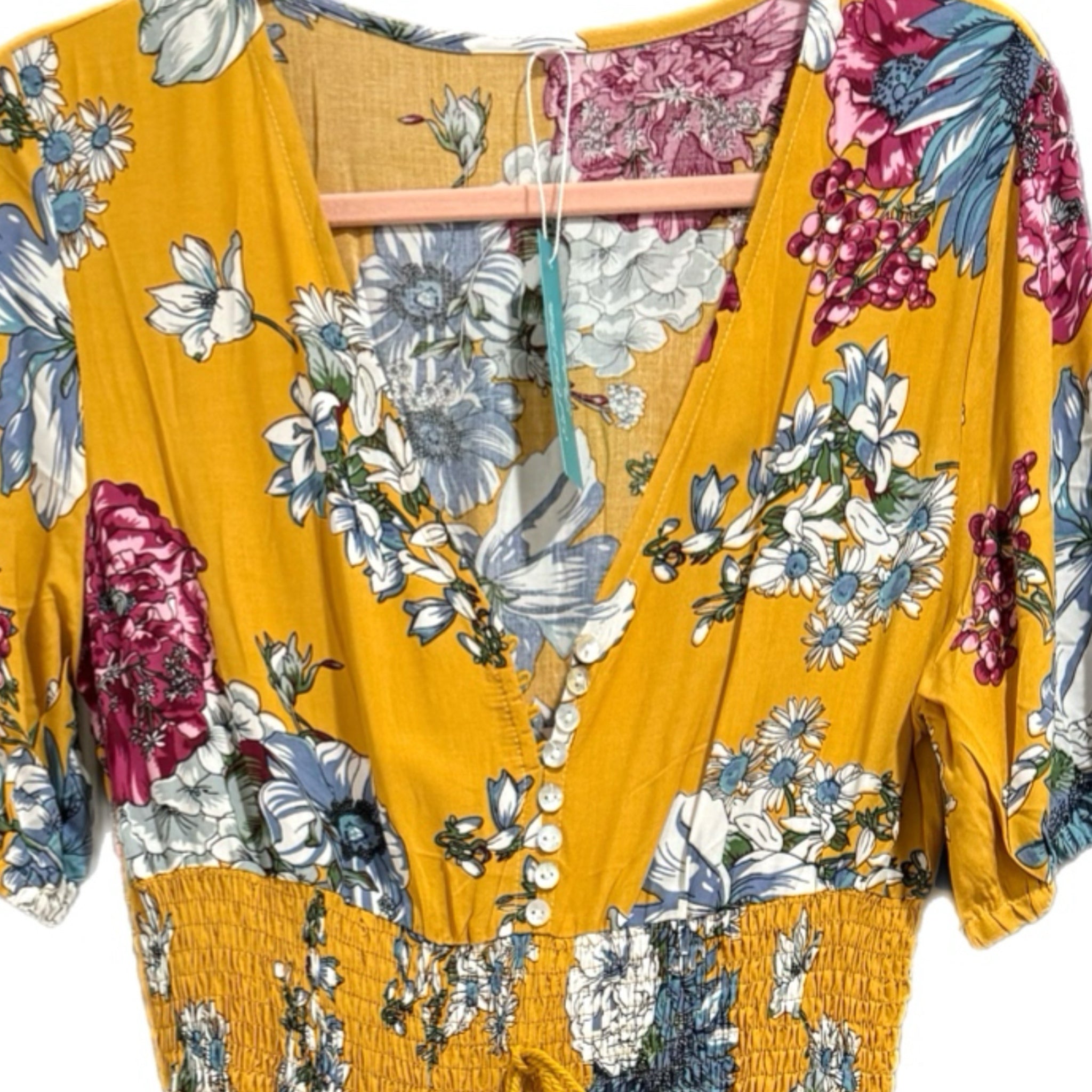 Boho Summer V Neck Floral Short Sleeve Long Maxi Dress in Summer Yellow
