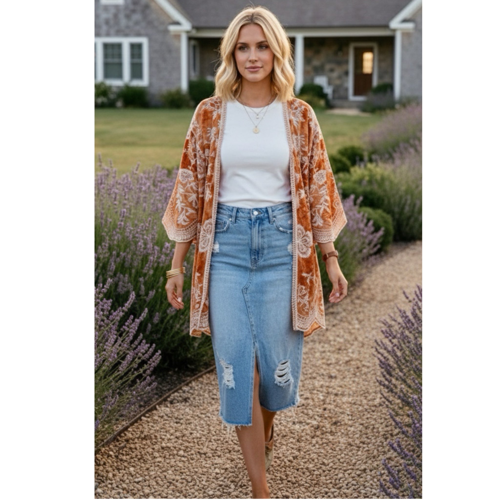 East Coast Bella Boho Embroidered Kimono Top Cover Up Layering Piece One Size