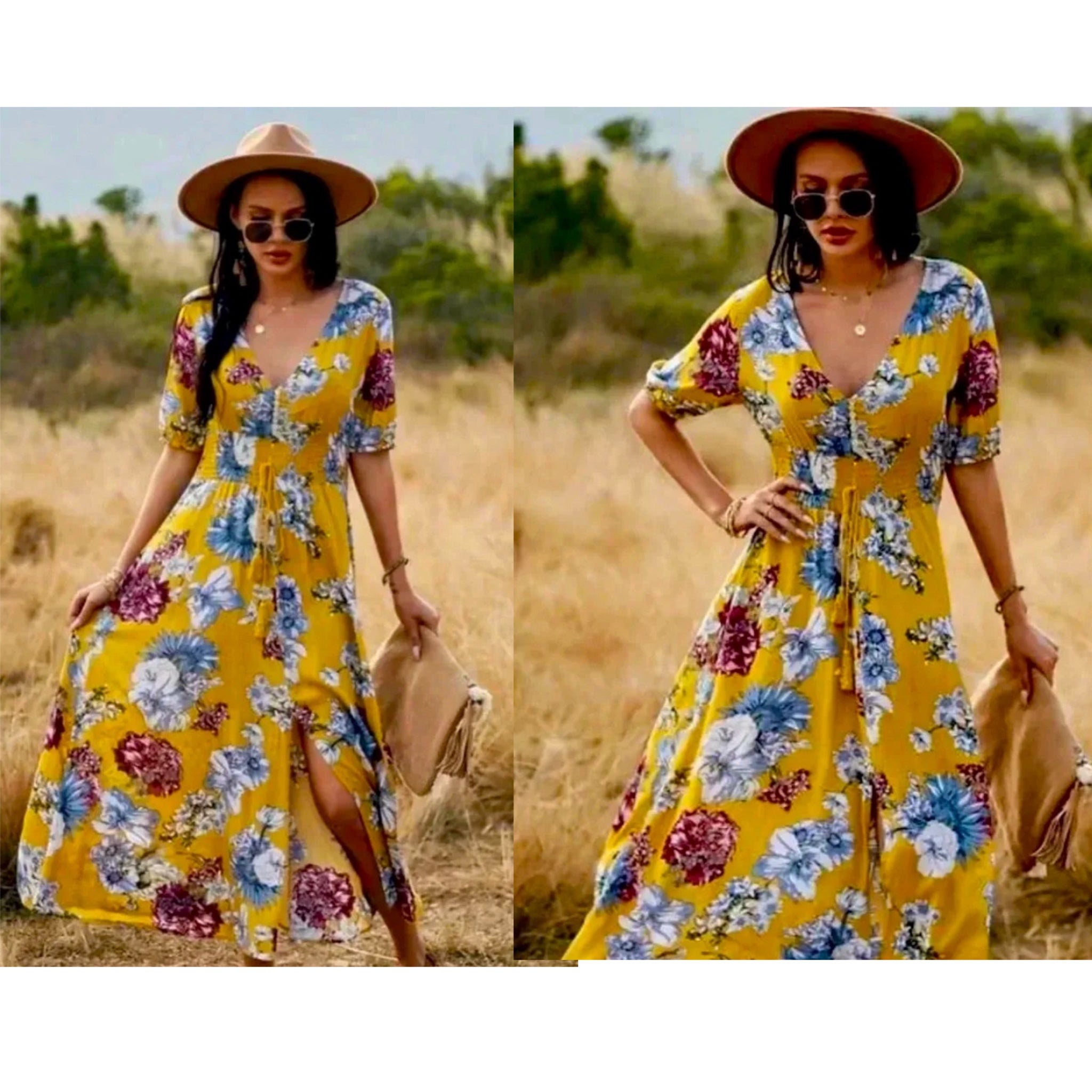Boho Summer V Neck Floral Short Sleeve Long Maxi Dress in Summer Yellow