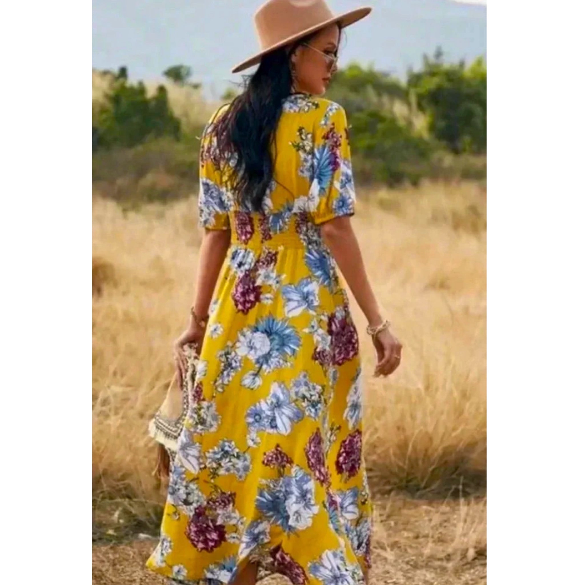 Boho Summer V Neck Floral Short Sleeve Long Maxi Dress in Summer Yellow
