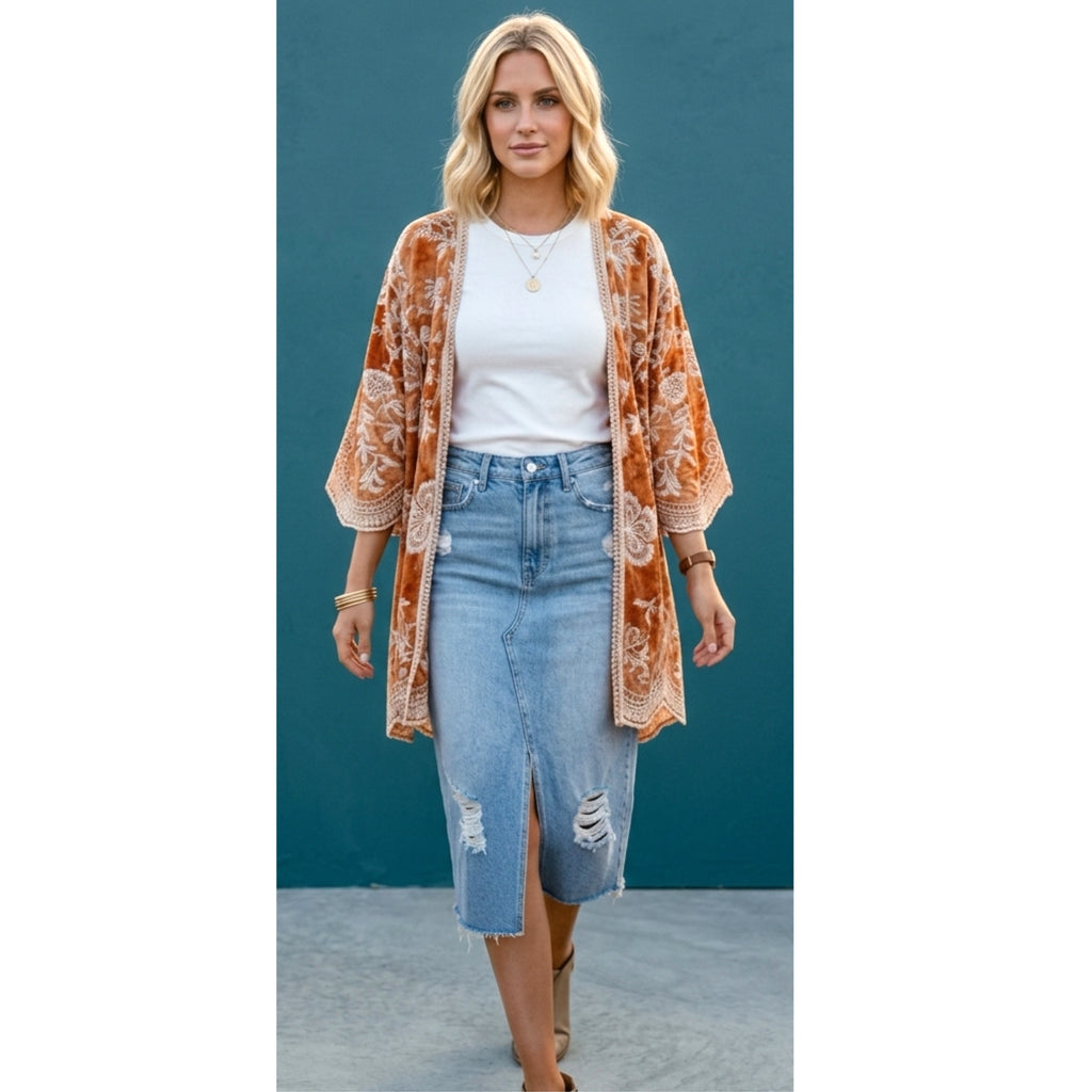 East Coast Bella Boho Embroidered Kimono Top Cover Up Layering Piece One Size