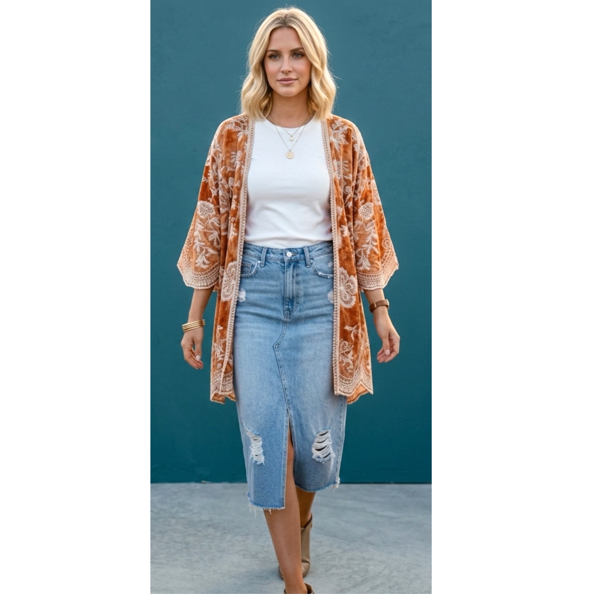 East Coast Bella Boho Embroidered Kimono Top Cover Up Layering Piece One Size