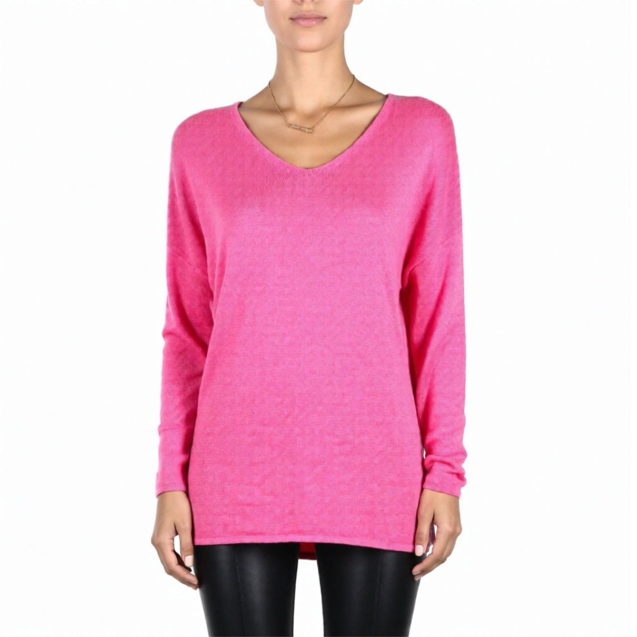 Caroline Grace Cotton Cashmere V Neck Tunic Sweater in Pink