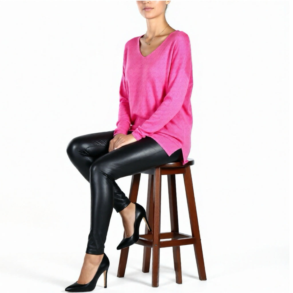 Caroline Grace Cotton Cashmere V Neck Tunic Sweater in Pink