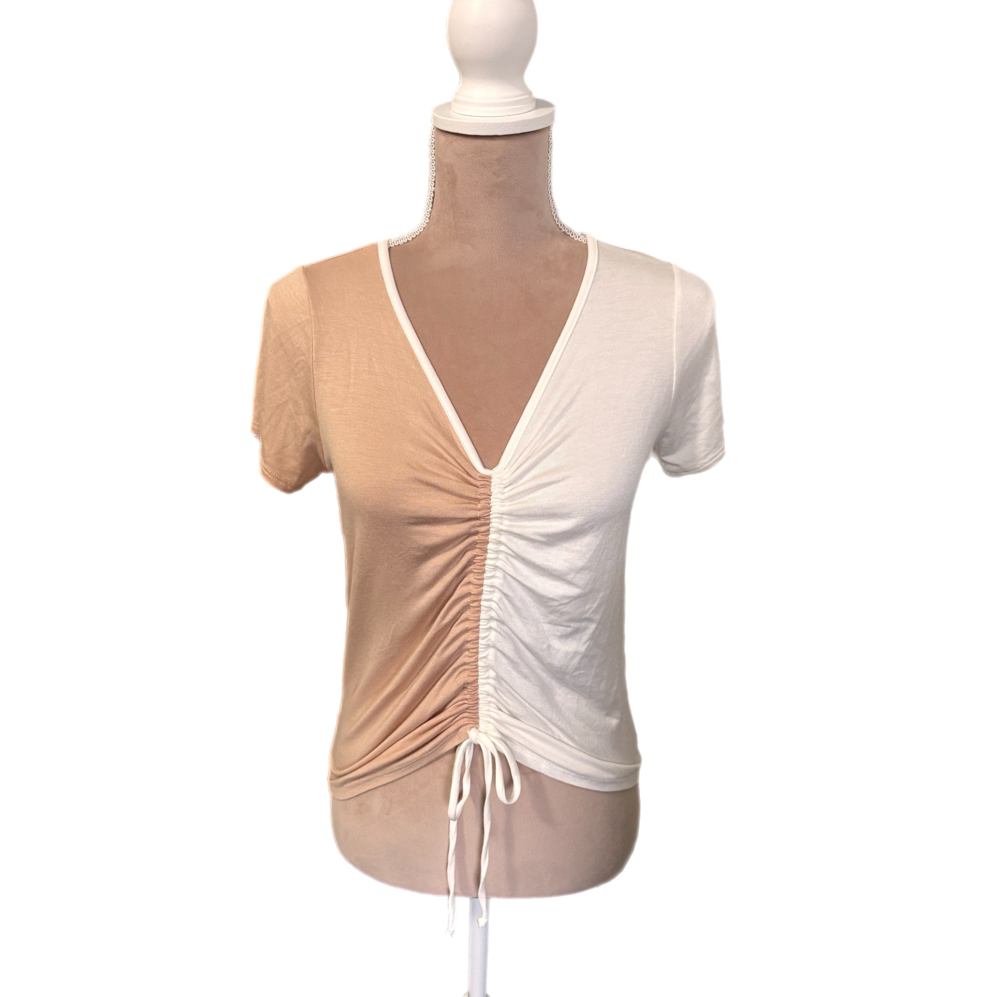 If She Loves Coastal Summer Two-Tone Center Tie Ruched Top