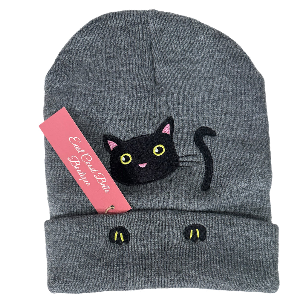 Winter Cat Lover Beanie Slate Gray Knit Ribbed Stretchy