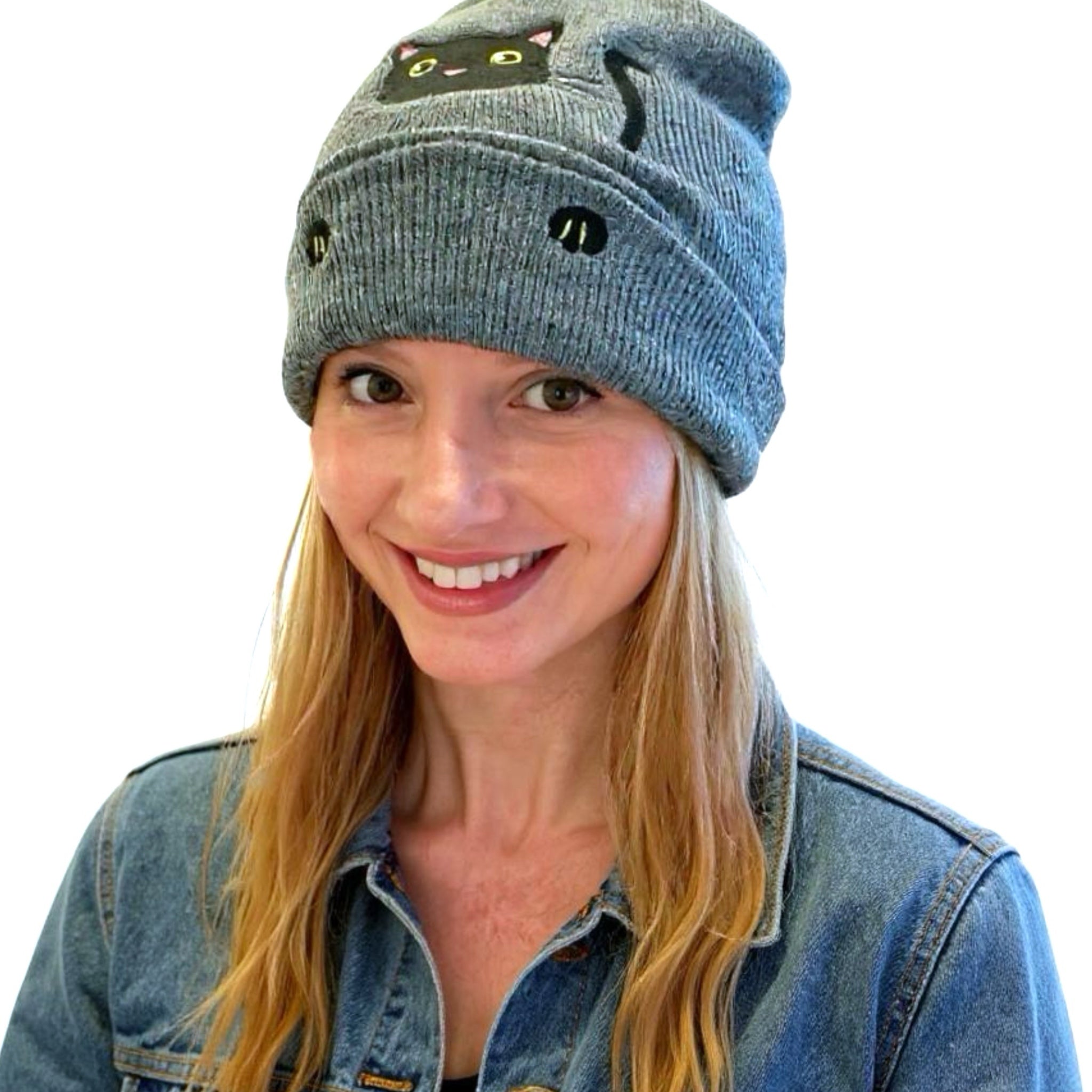 Winter Cat Lover Beanie Slate Gray Knit Ribbed Stretchy