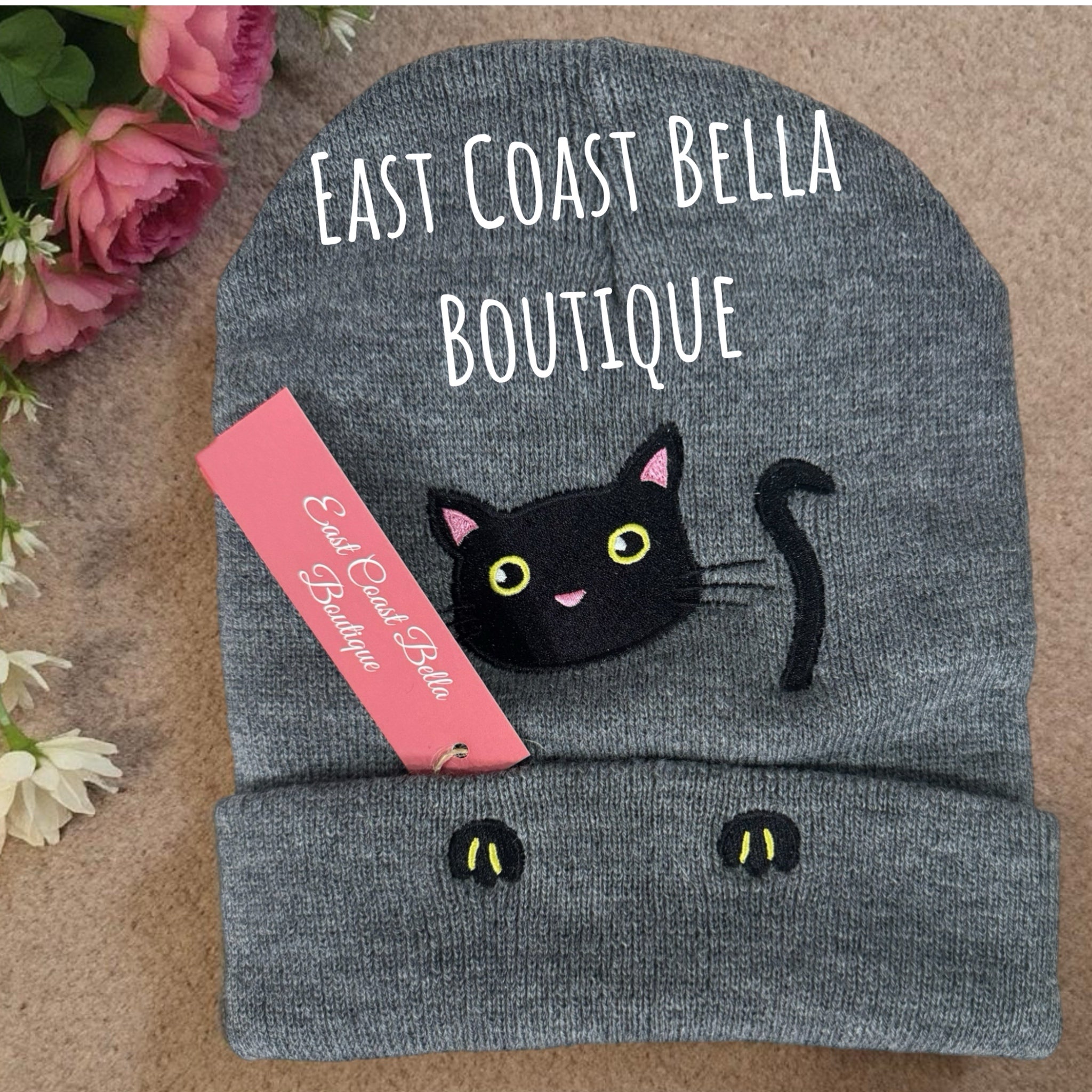 Winter Cat Lover Beanie Slate Gray Knit Ribbed Stretchy