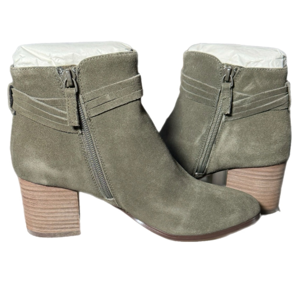 VIOLET & RED Jenna Genuine Leather Olive Green Suede Heeled Ankle Bootie