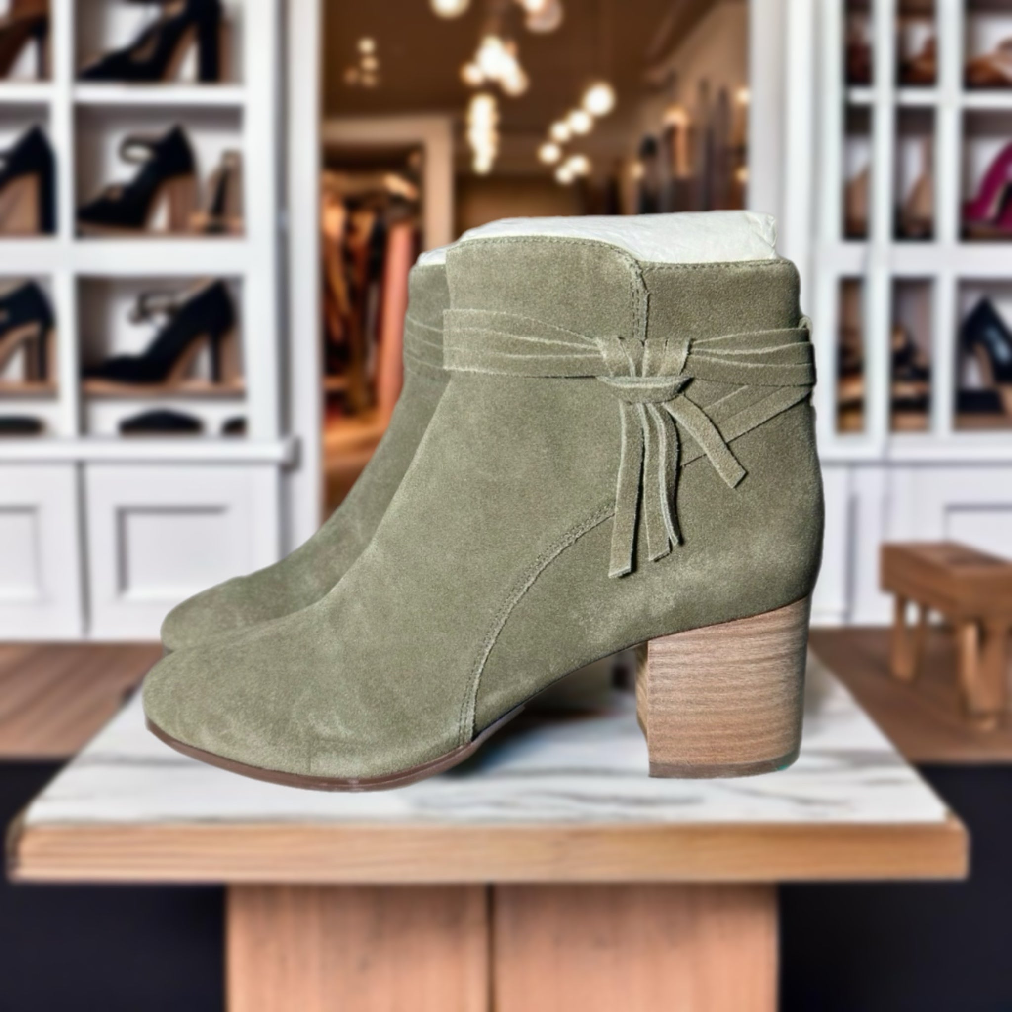 VIOLET & RED Jenna Genuine Leather Olive Green Suede Heeled Ankle Bootie