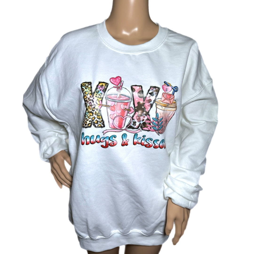 HUGS & KISSES Adult Sweatshirt Coffee Love Graphic Hearts White