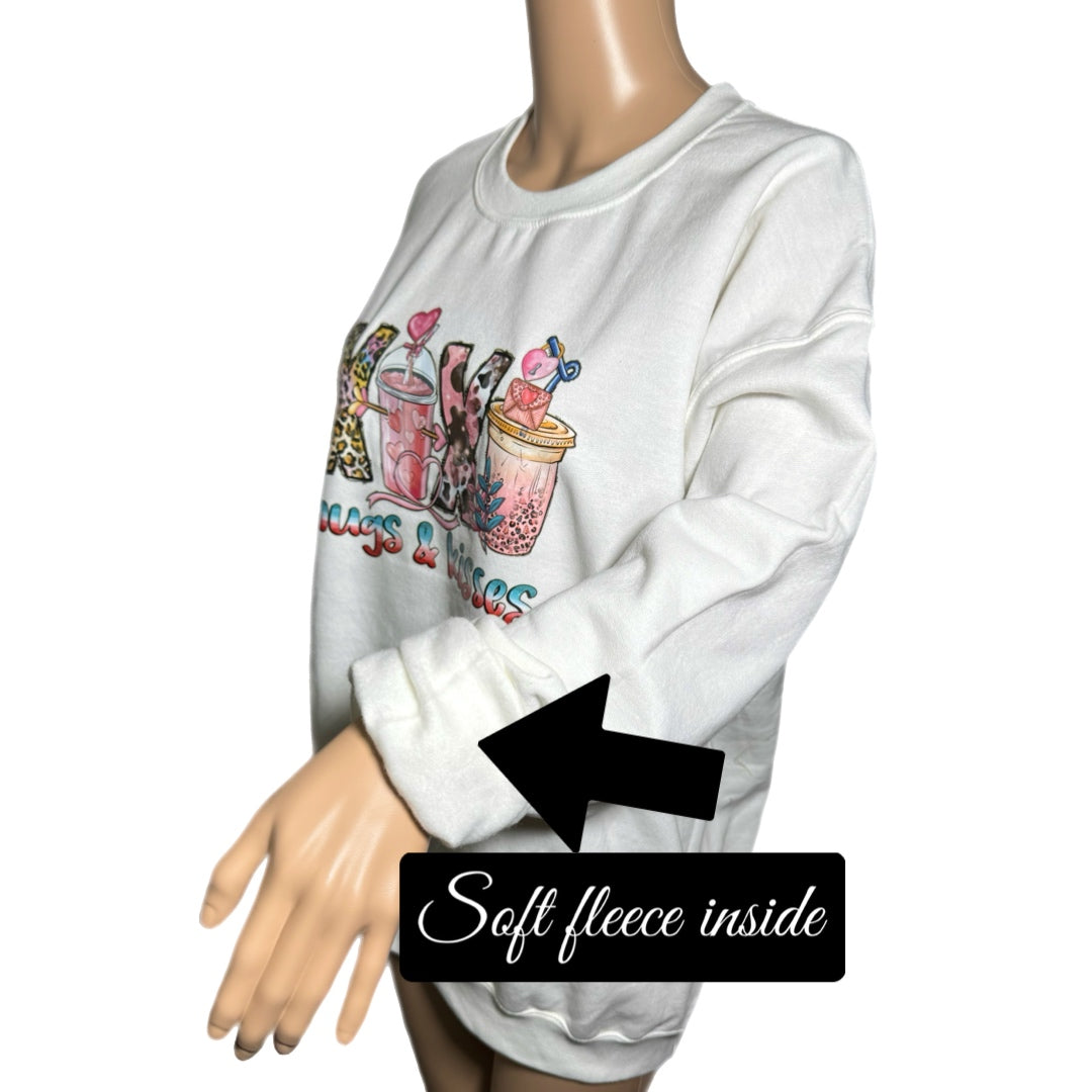 HUGS & KISSES Adult Sweatshirt Coffee Love Graphic Hearts White