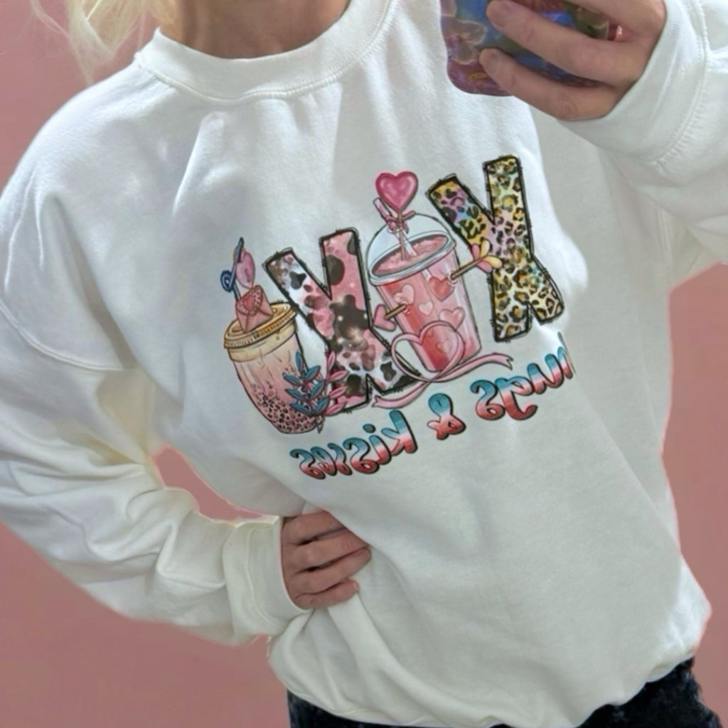 HUGS & KISSES Adult Sweatshirt Coffee Love Graphic Hearts White
