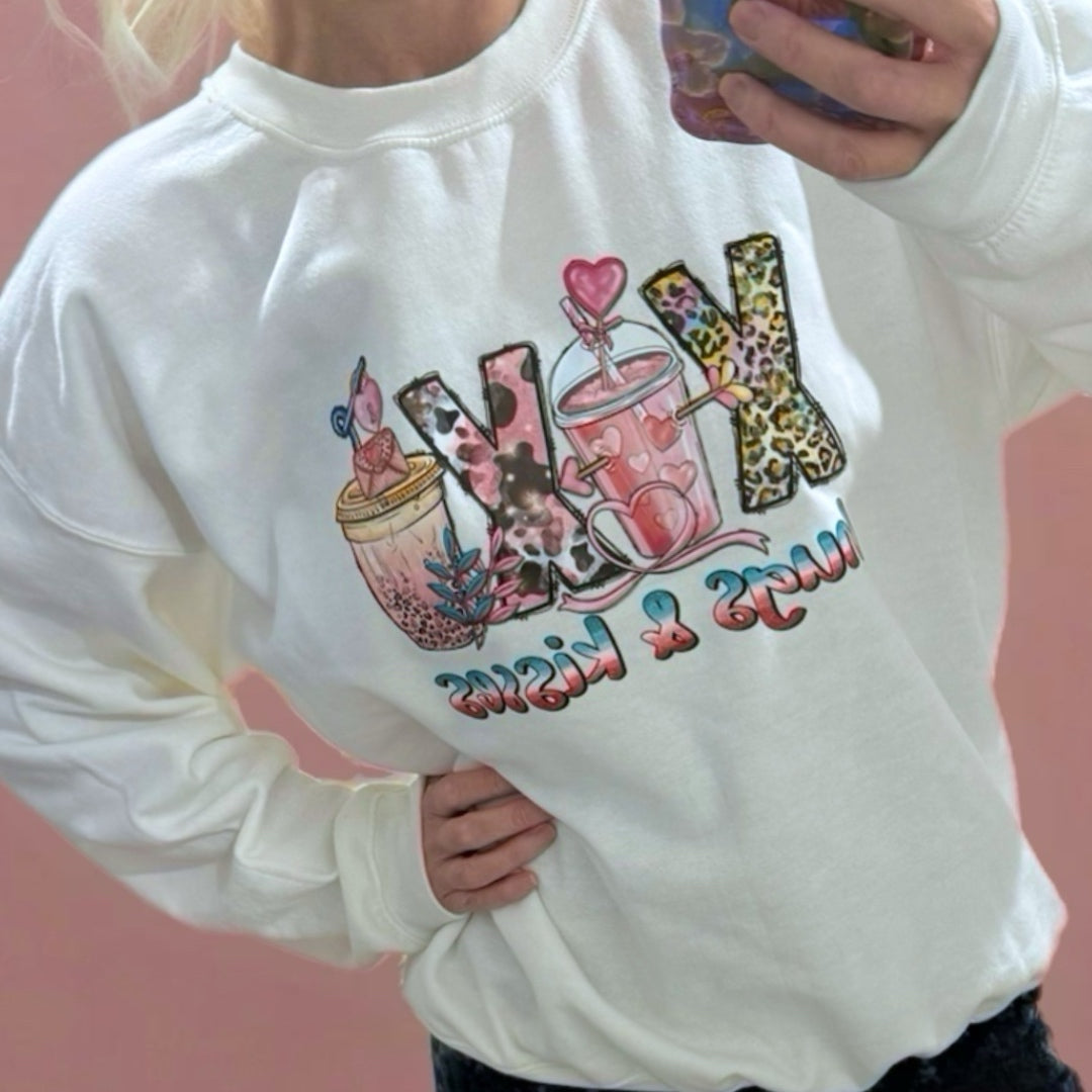 HUGS & KISSES Adult Sweatshirt Coffee Love Graphic Hearts White