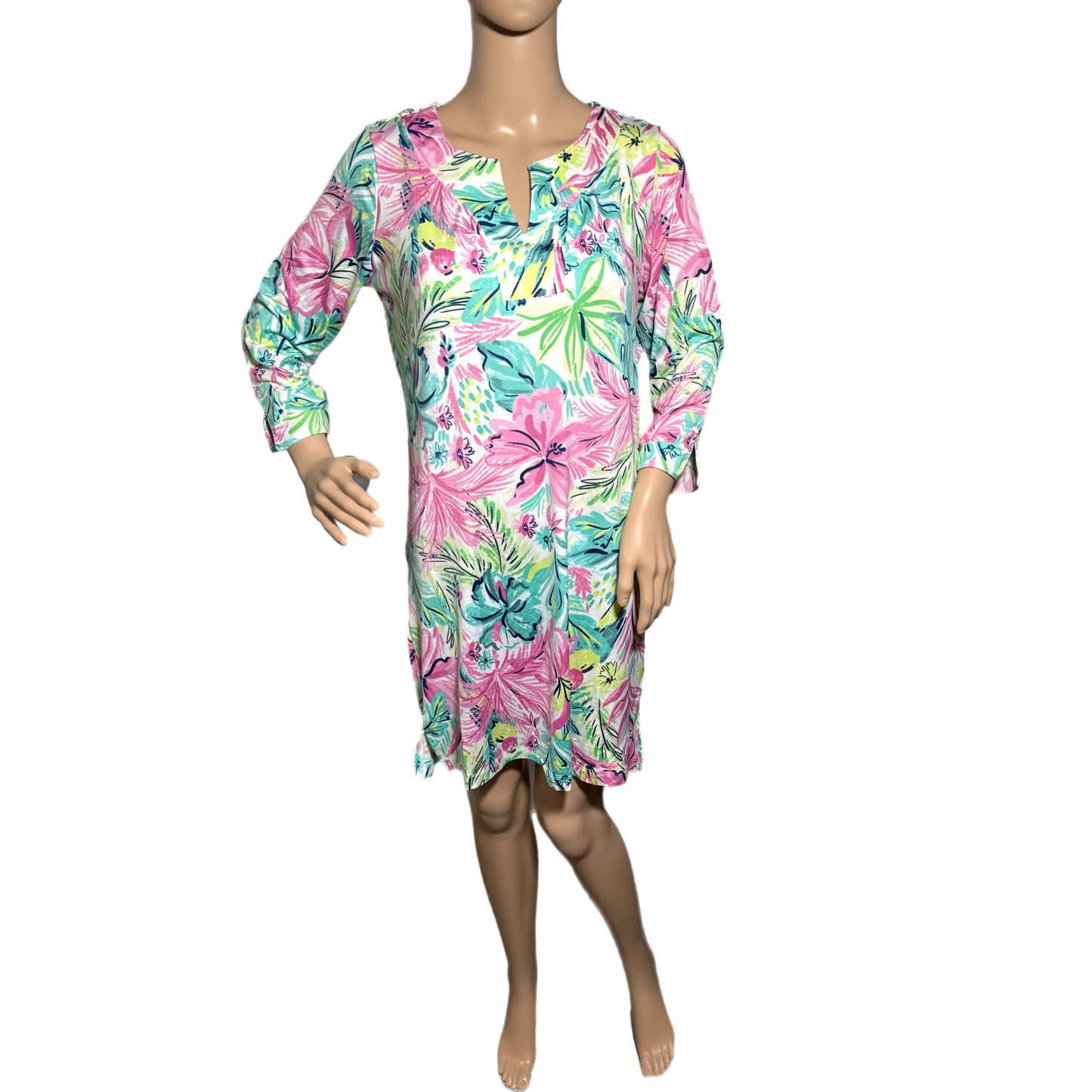 STELLA PARKER Island Collection Floral 3/4 Sleeve Dress Yoke Neck UPF 50