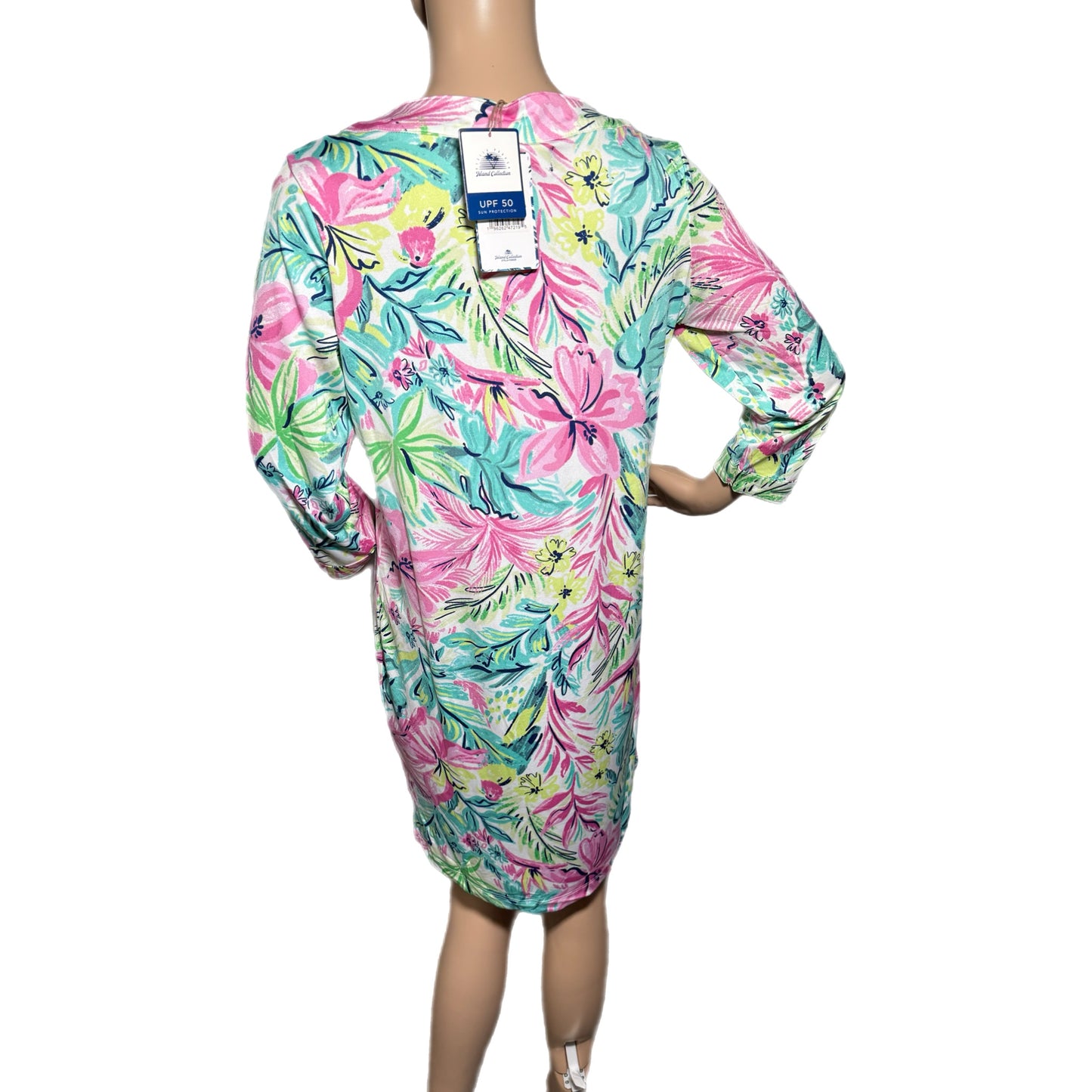 STELLA PARKER Island Collection Floral 3/4 Sleeve Dress Yoke Neck UPF 50