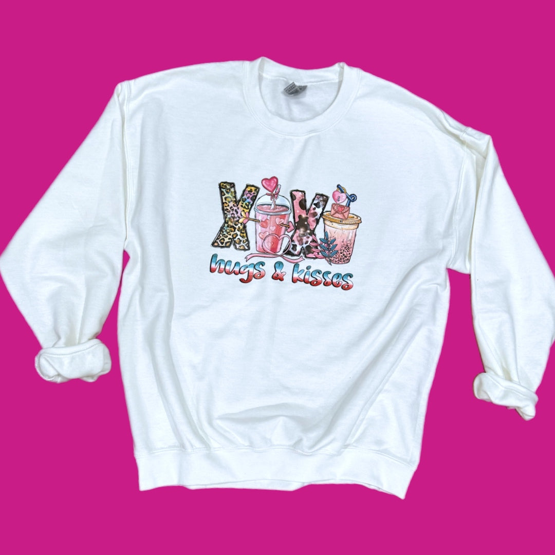HUGS & KISSES Adult Sweatshirt Coffee Love Graphic Hearts White