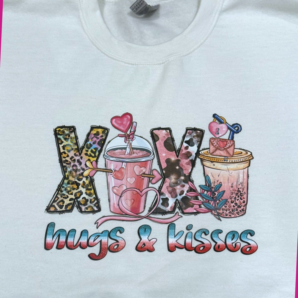 HUGS & KISSES Adult Sweatshirt Coffee Love Graphic Hearts White