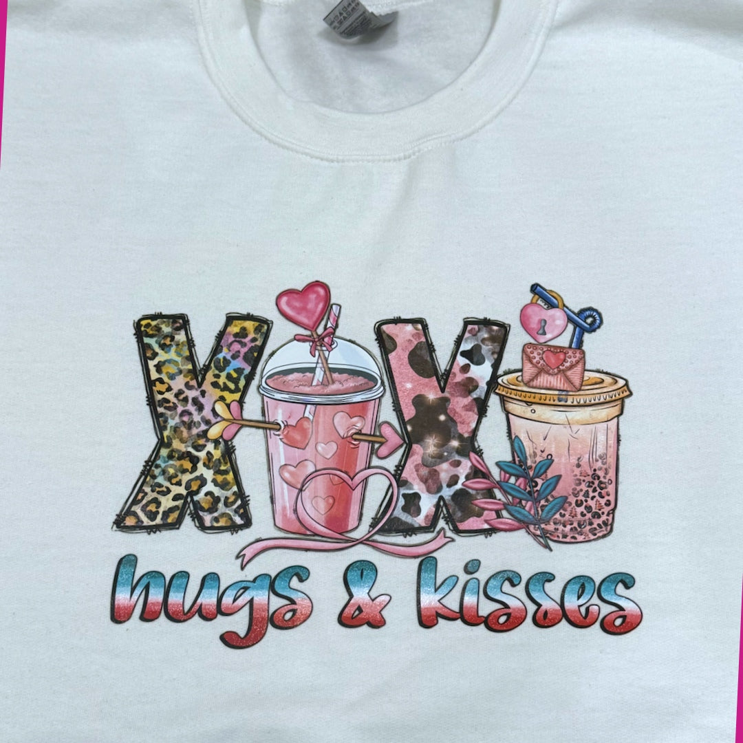 HUGS & KISSES Adult Sweatshirt Coffee Love Graphic Hearts White