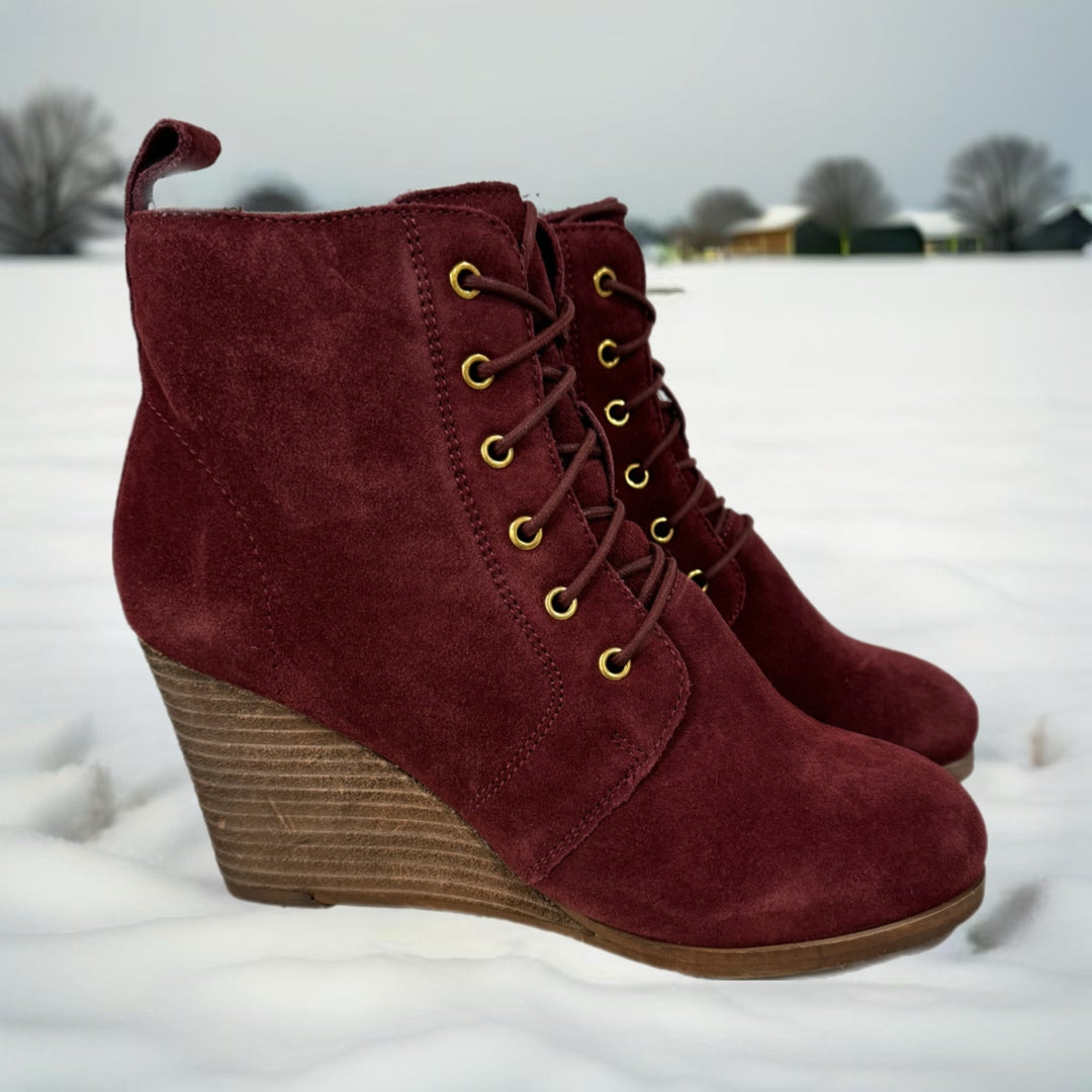 DIBA Blake Genuine Suede Wedge Bootie Lace Up Boots in Burgundy
