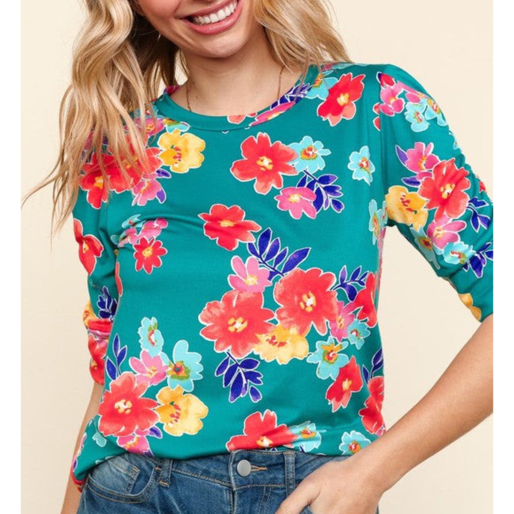 The Coastal Garden Shirred Sleeve Knit Top in Summer in Teal Botanical