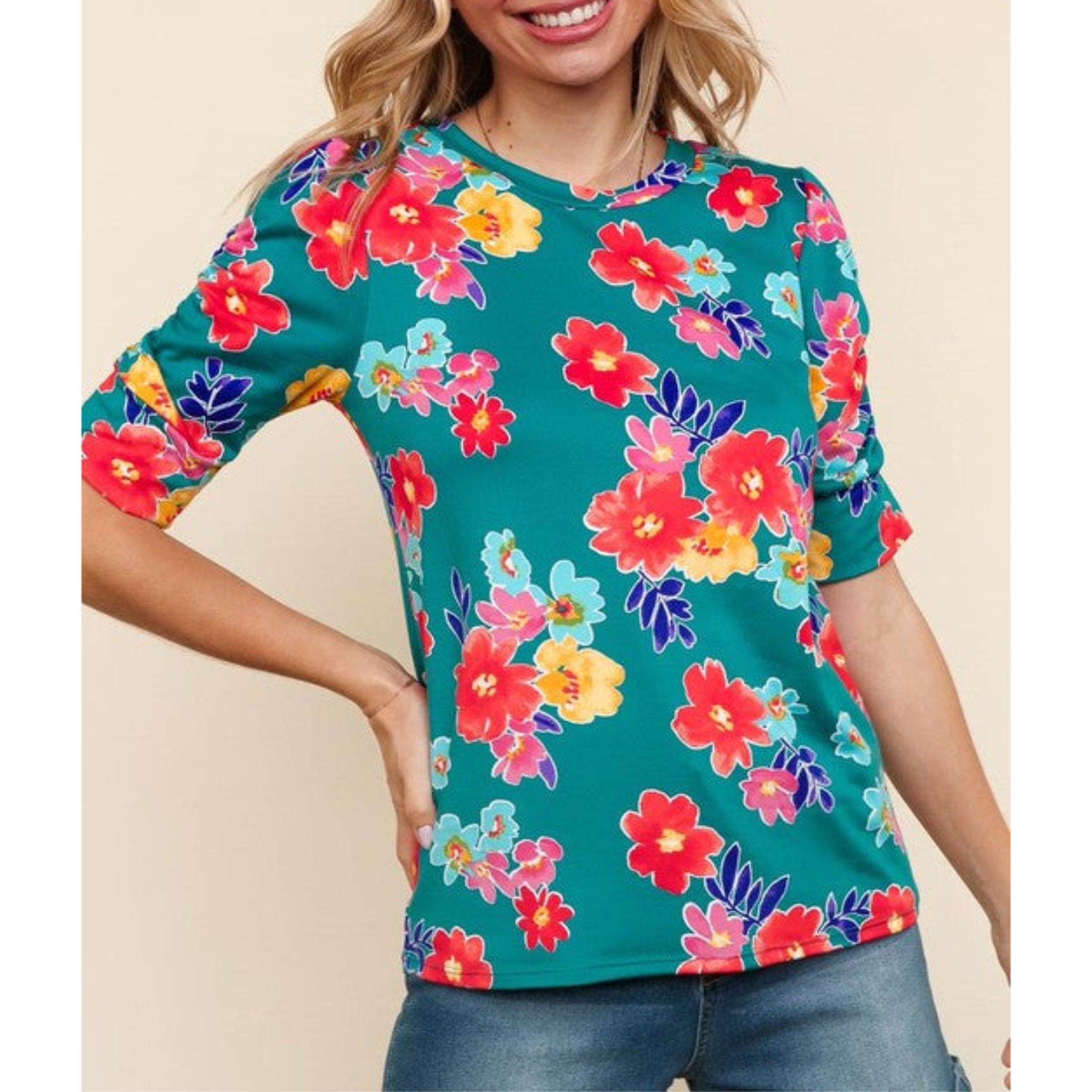 The Coastal Garden Shirred Sleeve Knit Top in Summer in Teal Botanical