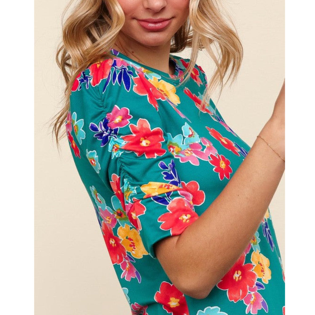 The Coastal Garden Shirred Sleeve Knit Top in Summer in Teal Botanical