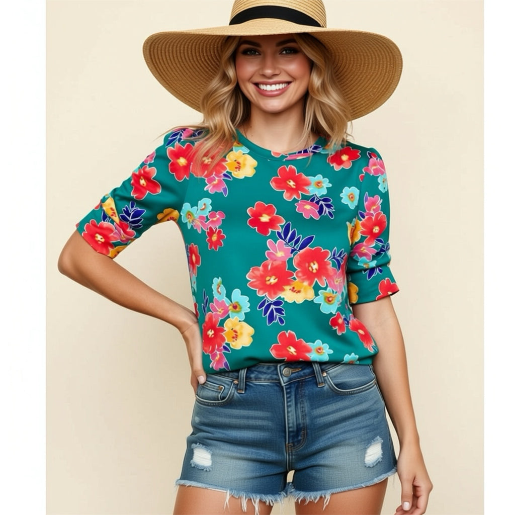 The Coastal Garden Shirred Sleeve Knit Top in Summer in Teal Botanical