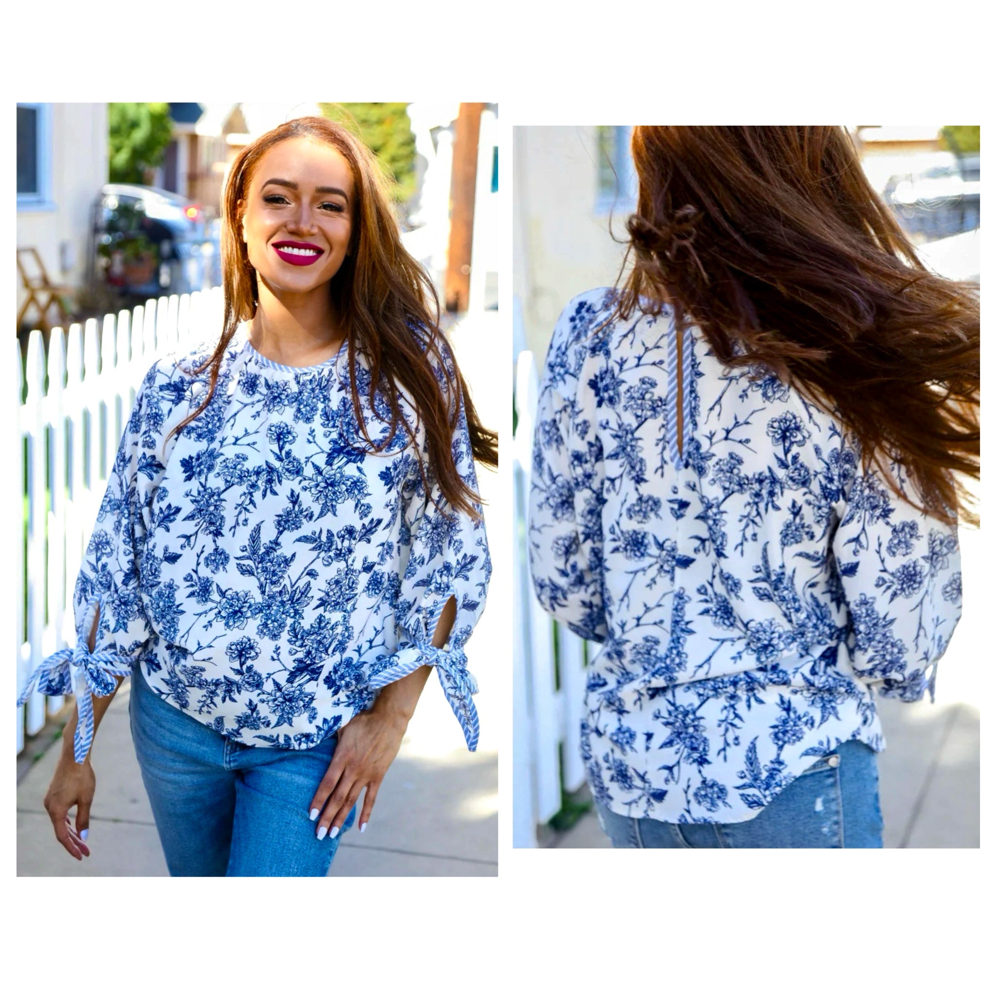 Coastal Chic Vintage Floral Print Blouse with Bow Sleeves Navy & Ivory