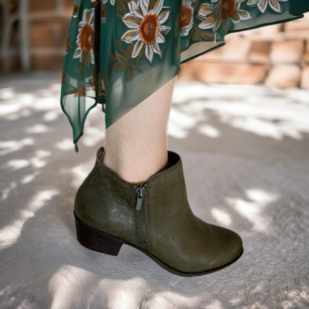 LUCKY BRAND Genuine Leather Basel Booties Low Heel Boots in Olive