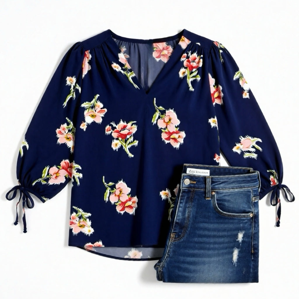 Renee C. Blue Floral Blouse 3/4 Sleeve Top
