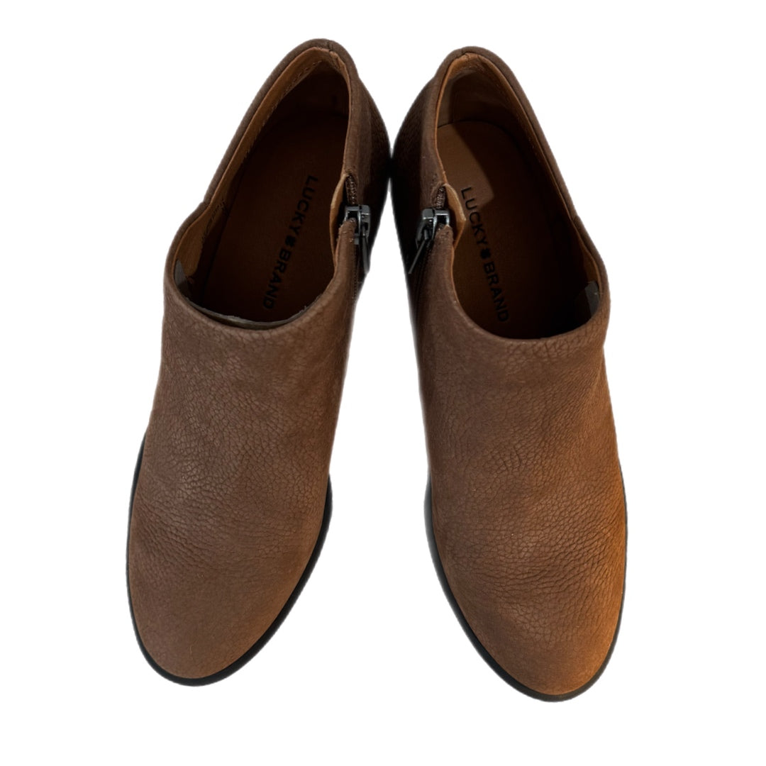 LUCKY BRAND Bellita Heeled Leather Bootie in Cedar Brown