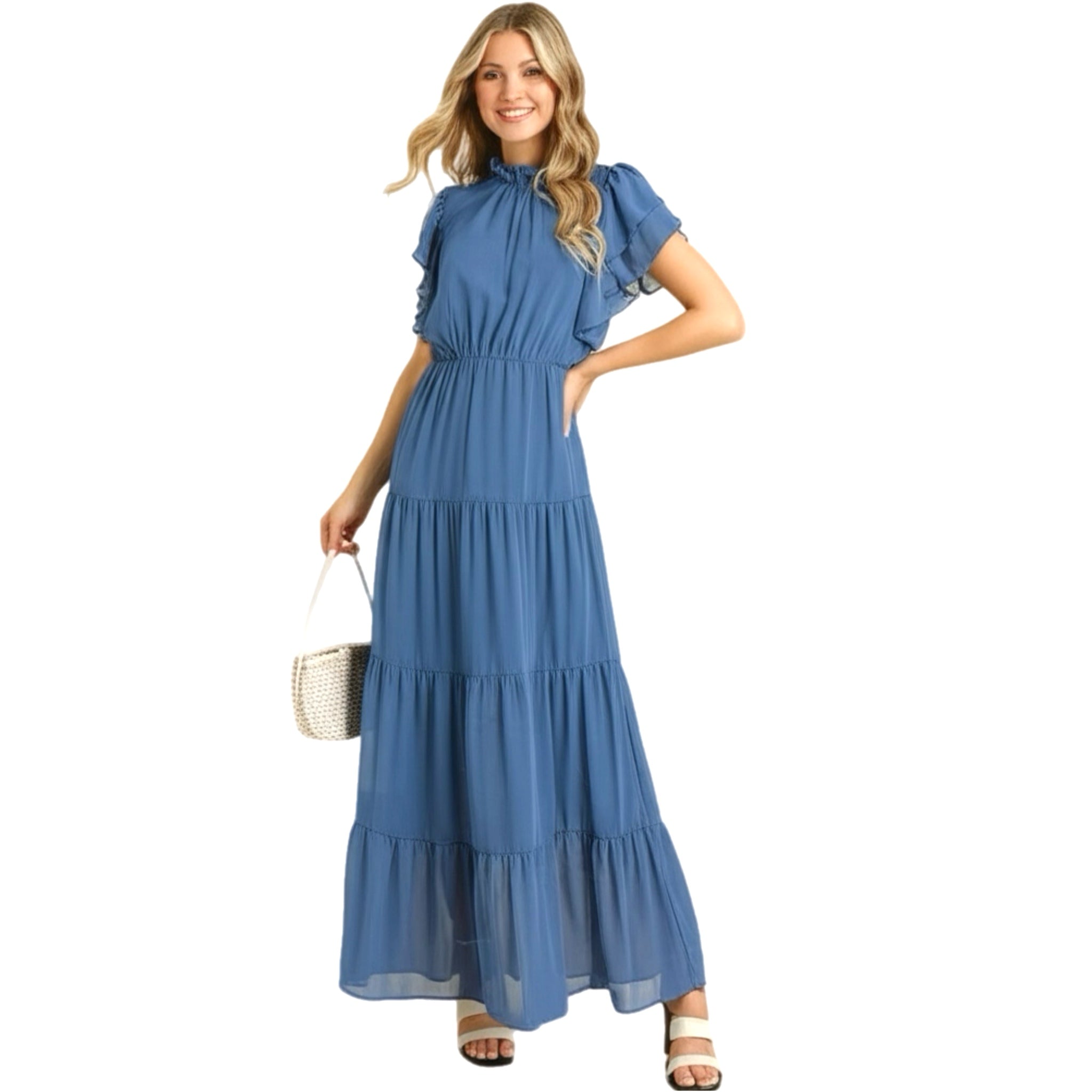 HAPTICS Coastal Blue Mock Neck Maxi Dress with Side Pockets