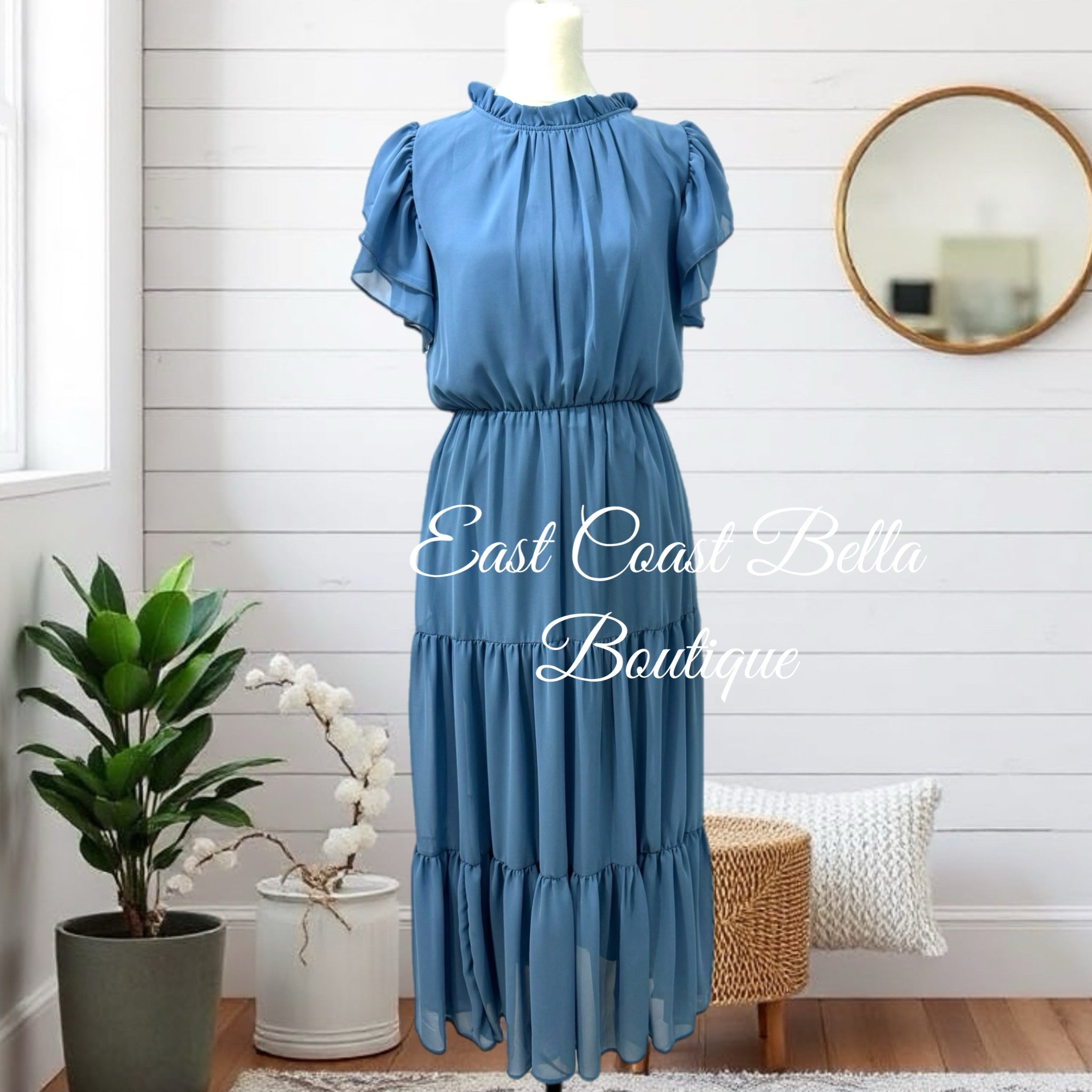 HAPTICS Coastal Blue Mock Neck Maxi Dress with Side Pockets
