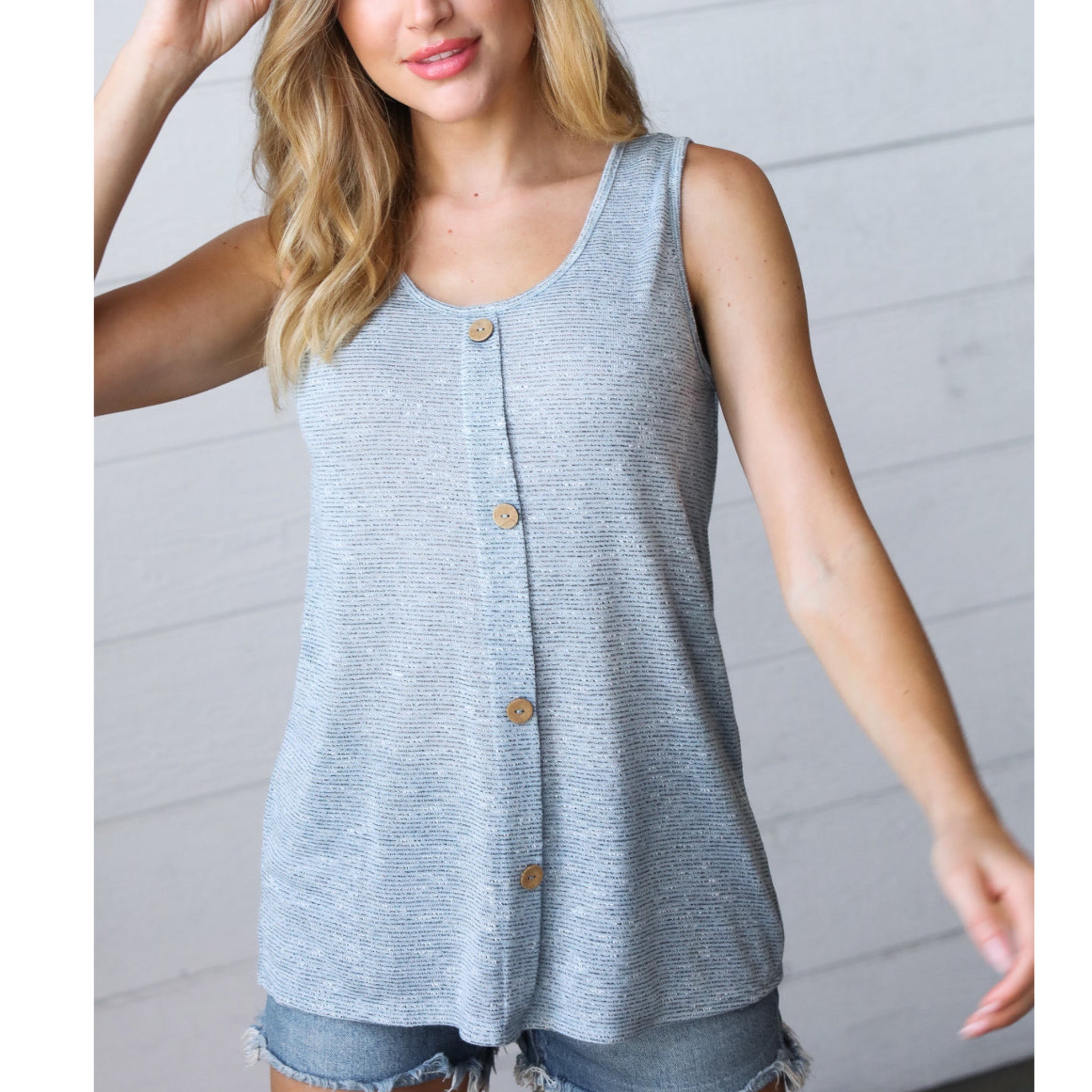 Coastal Bella Light Blue Button Down Sleeveless Top Knit Blouse