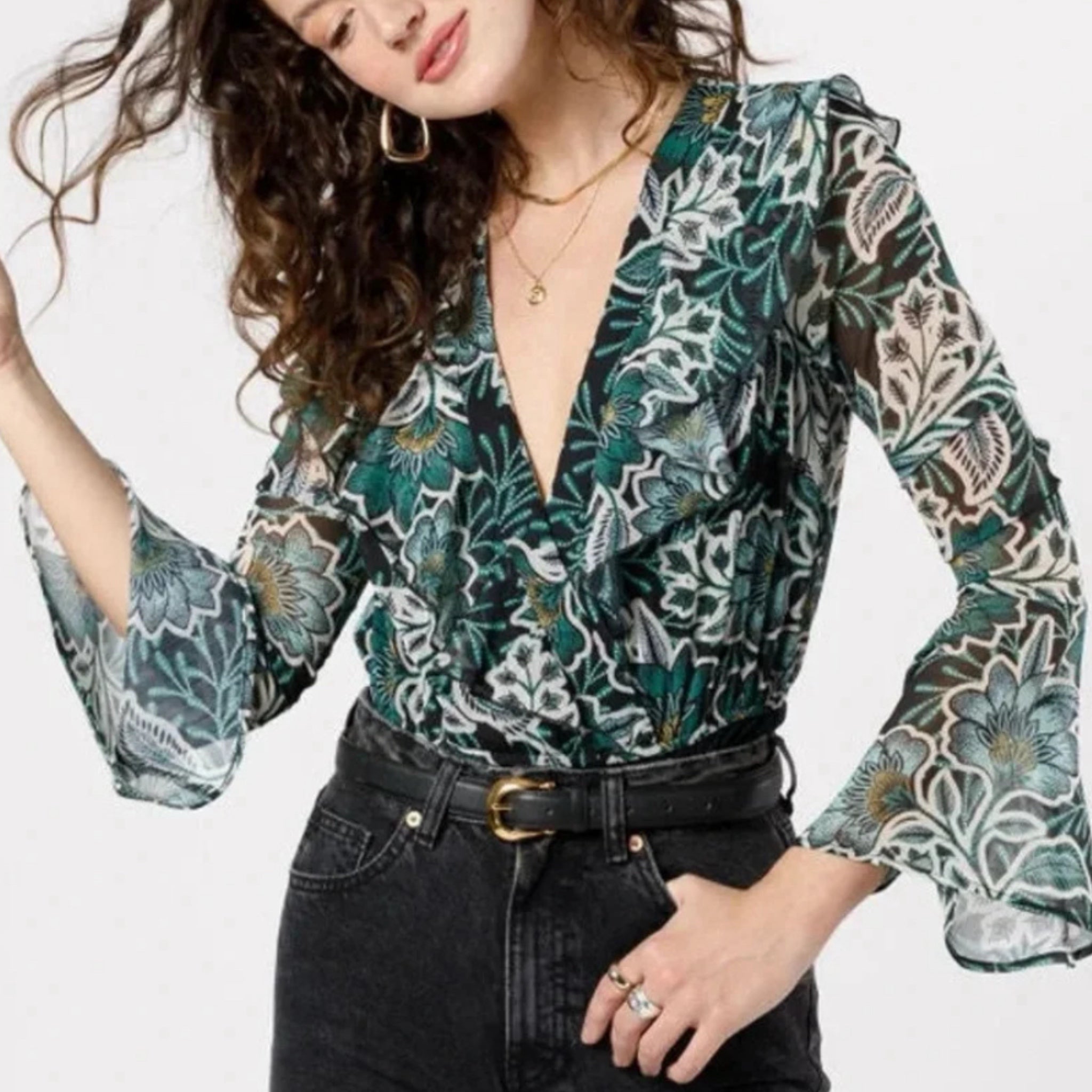 BAND OF THE FREE Bonnie Emerald Long Sleeve Bodysuit Top Bell Sleeve