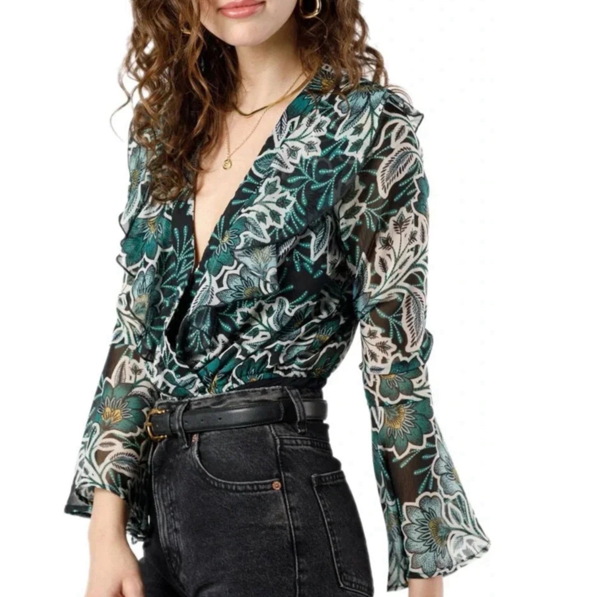 BAND OF THE FREE Bonnie Emerald Long Sleeve Bodysuit Top Bell Sleeve