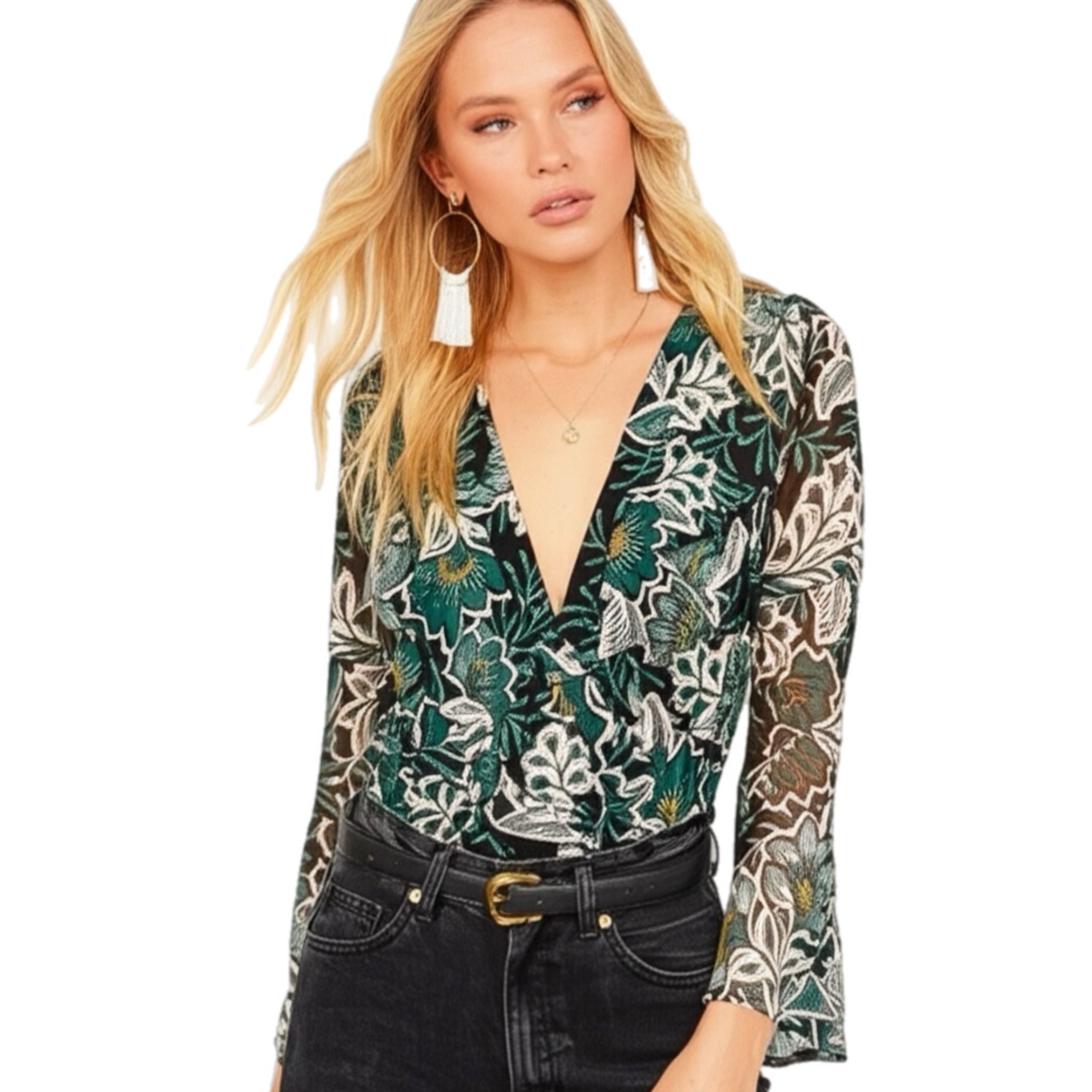 BAND OF THE FREE Bonnie Emerald Long Sleeve Bodysuit Top Bell Sleeve