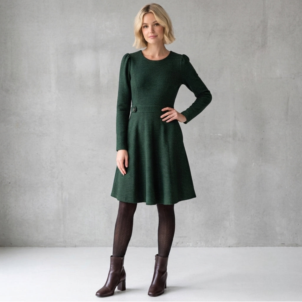 Gilli Textured Fit & Flare Dress Long Puff Sleeve in Dark Green